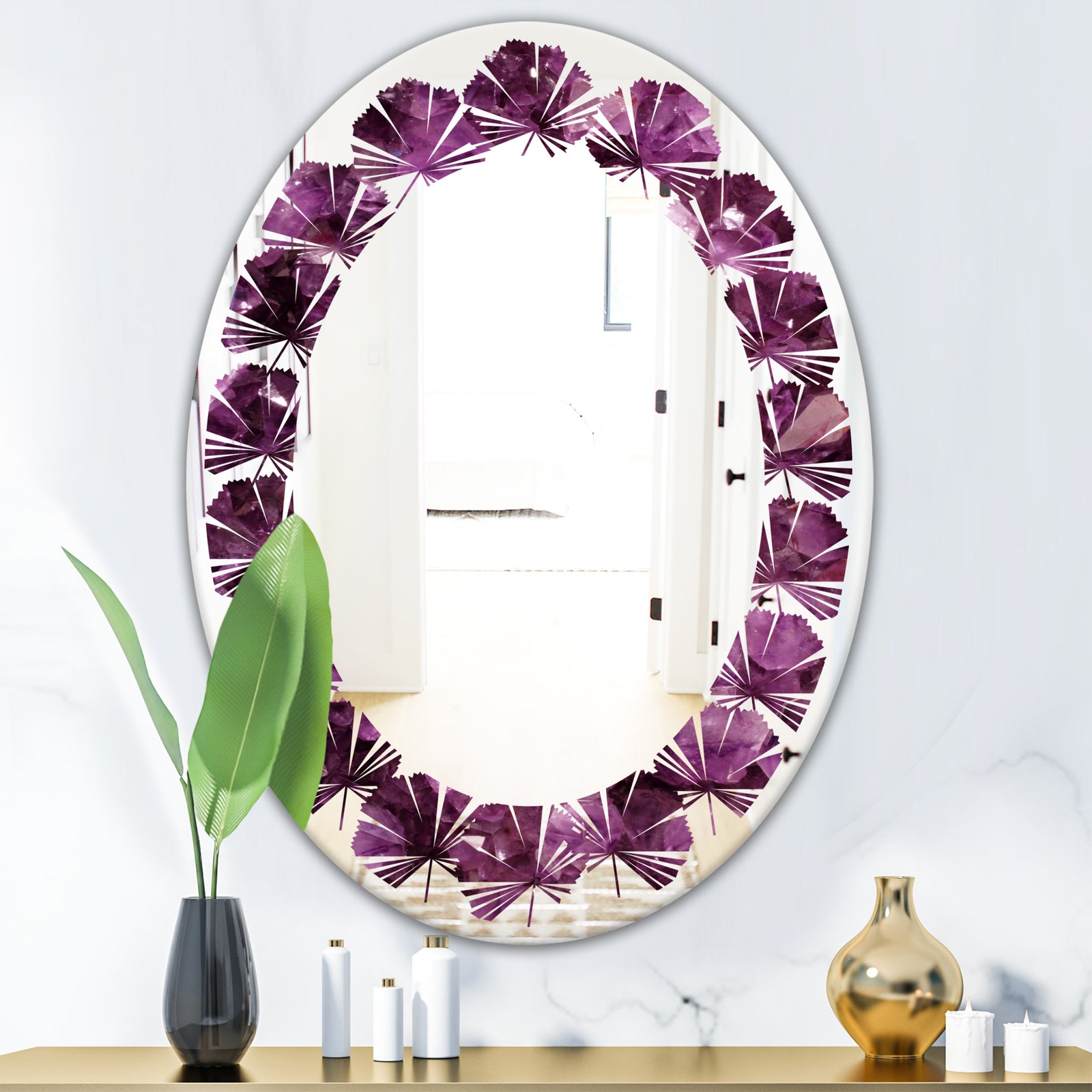 Purple Gems - Modern Round or Oval Wall Mirror - Leaves