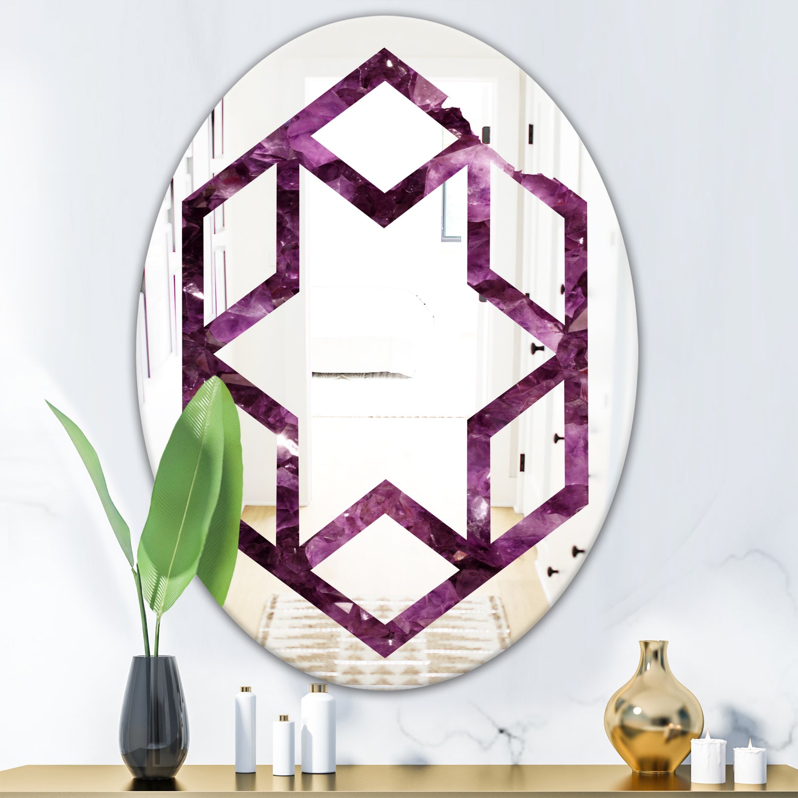 Purple Gems - Modern Round or Oval Wall Mirror - Hexagon Star