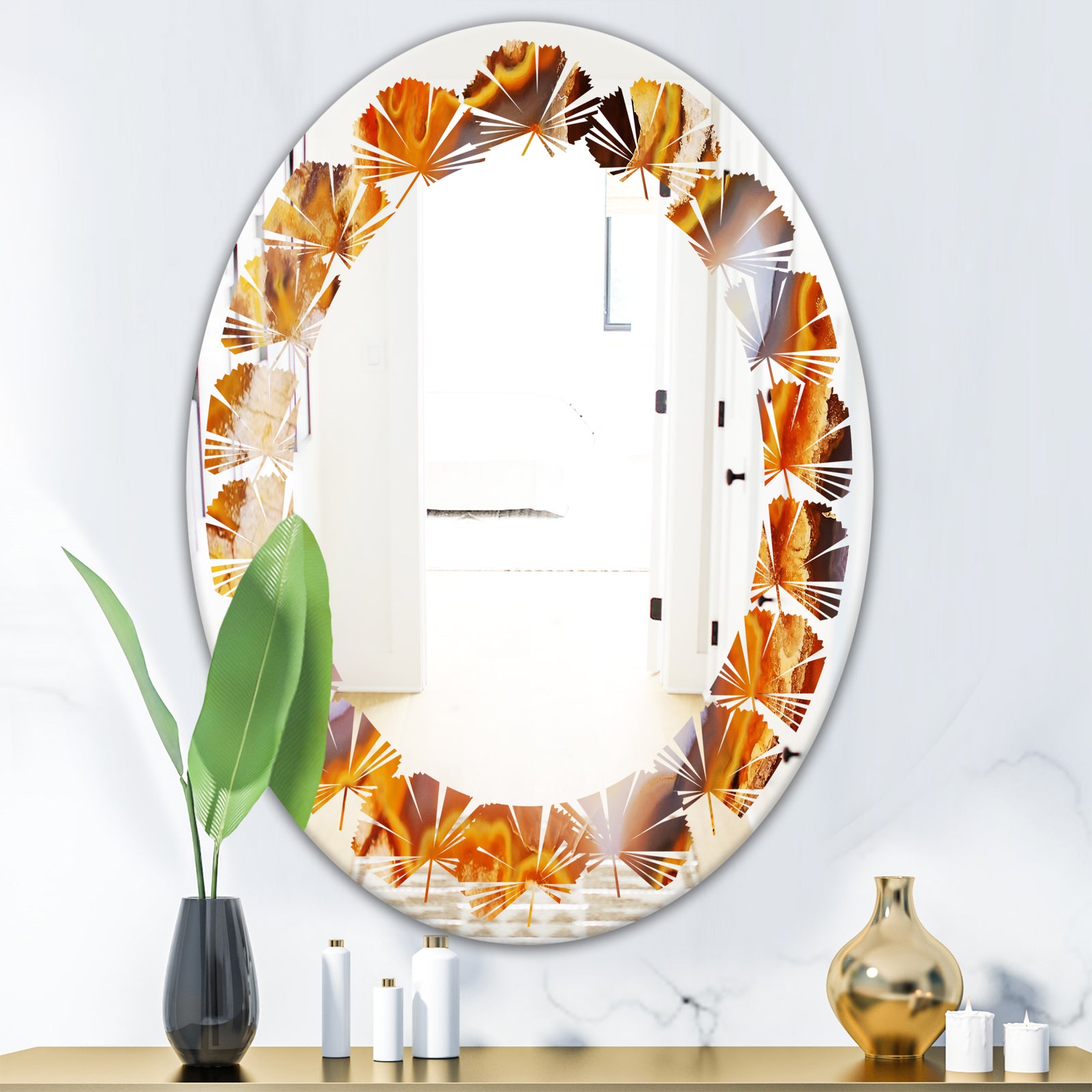 Fire With Rrystals - Modern Round or Oval Wall Mirror - Leaves
