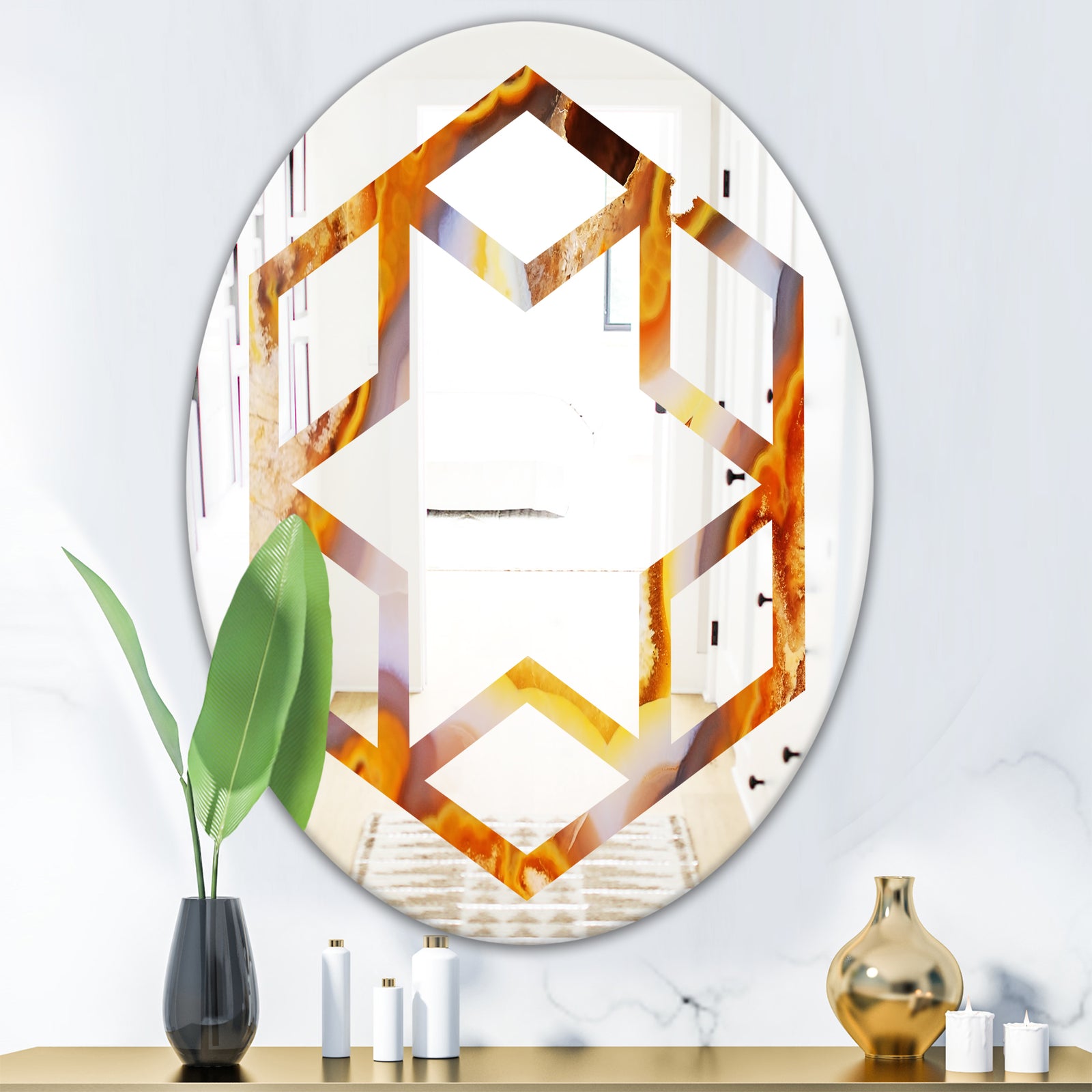 Fire With Rrystals - Modern Round or Oval Wall Mirror - Hexagon Star