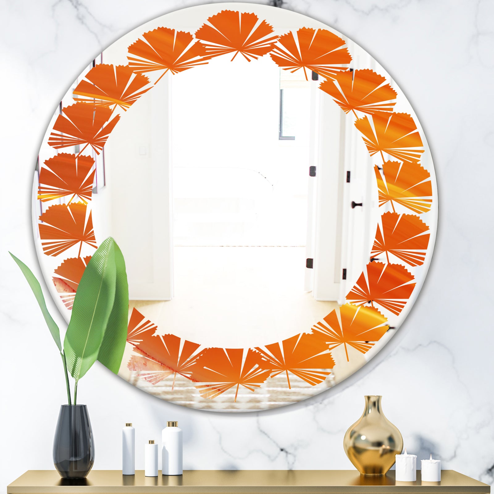 Brown agate in Wave pattern - Modern Round or Oval Wall Mirror - Leaves