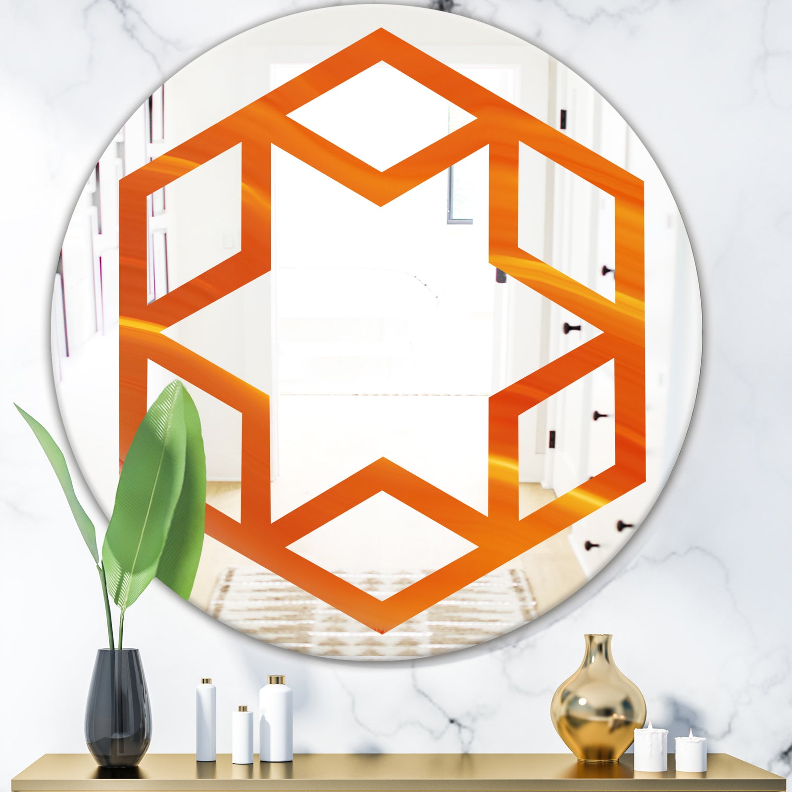 Brown agate in Wave pattern - Modern Round or Oval Wall Mirror - Hexagon Star