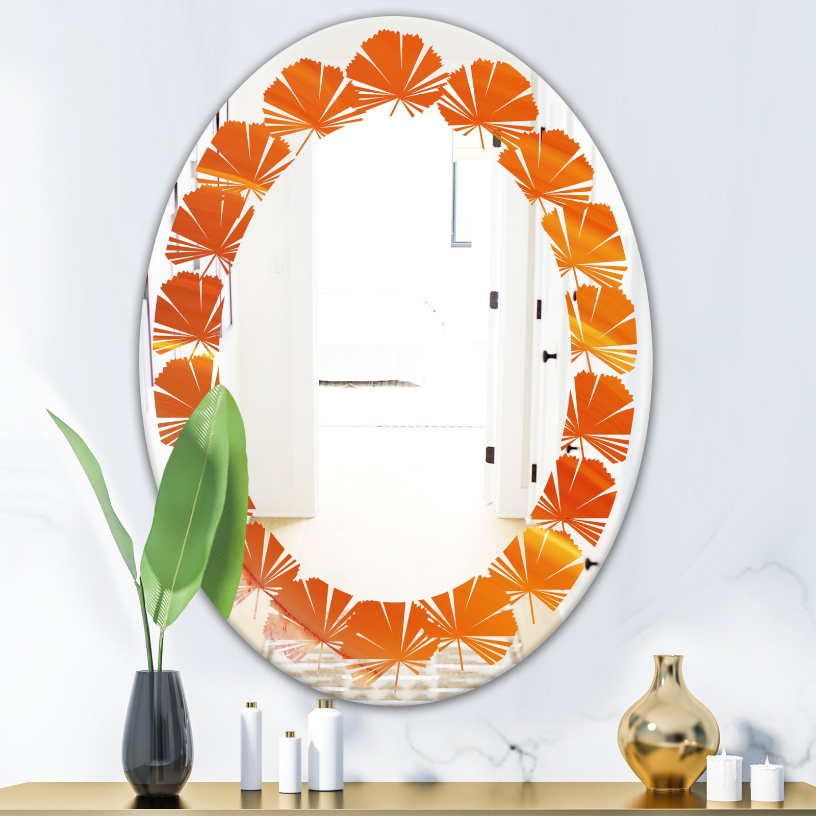 Brown agate in Wave pattern - Modern Round or Oval Wall Mirror - Leaves