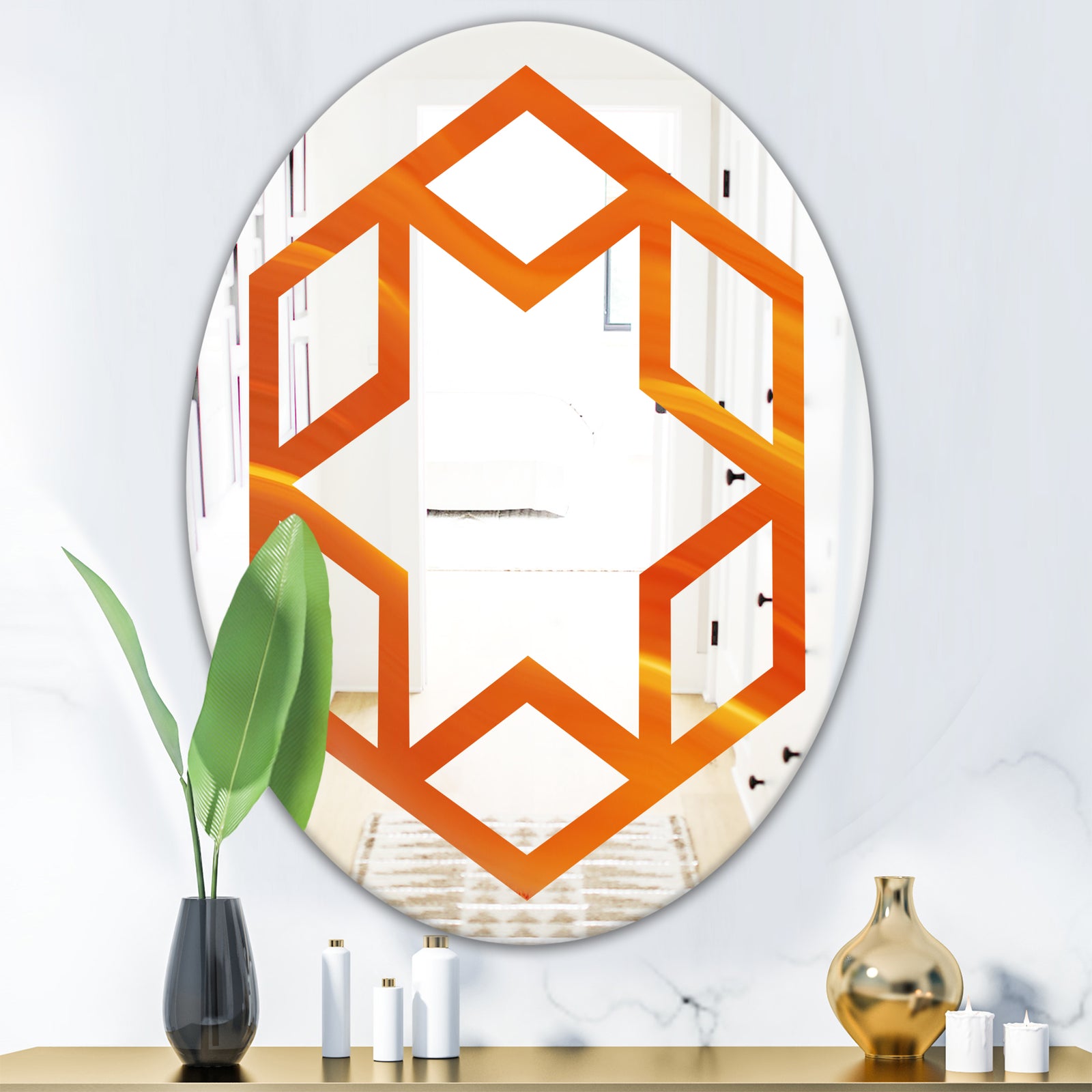 Brown agate in Wave pattern - Modern Round or Oval Wall Mirror - Hexagon Star