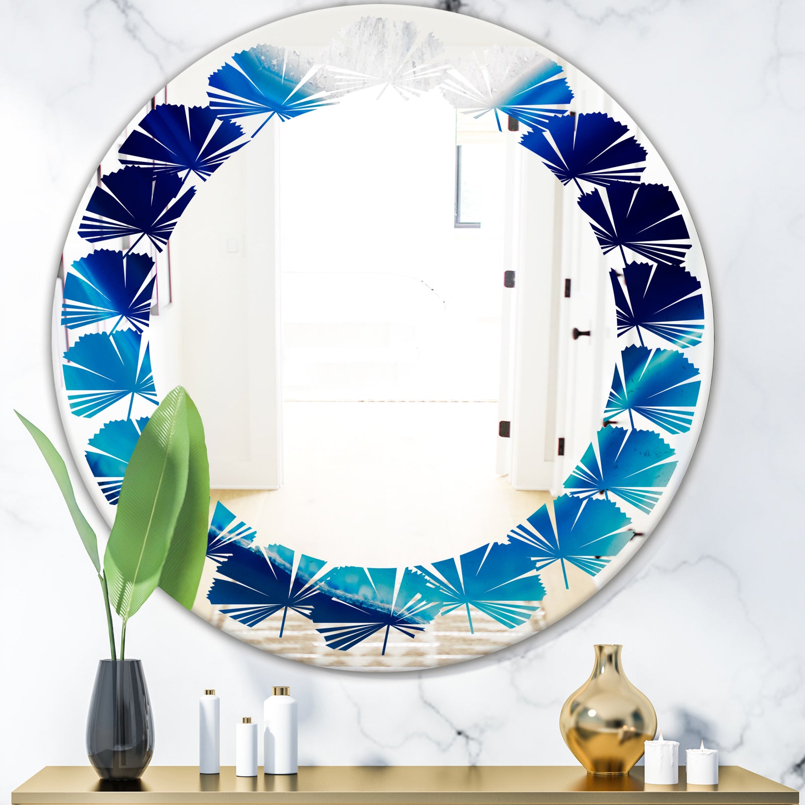 Blue Slice agate crystal - Modern Round or Oval Wall Mirror - Leaves