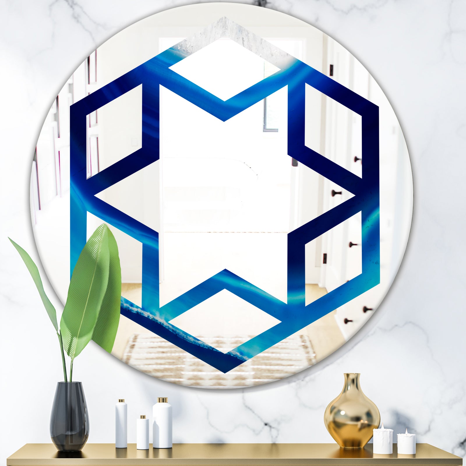 Blue Slice agate crystal - Modern Round or Oval Wall Mirror - Hexagon Star
