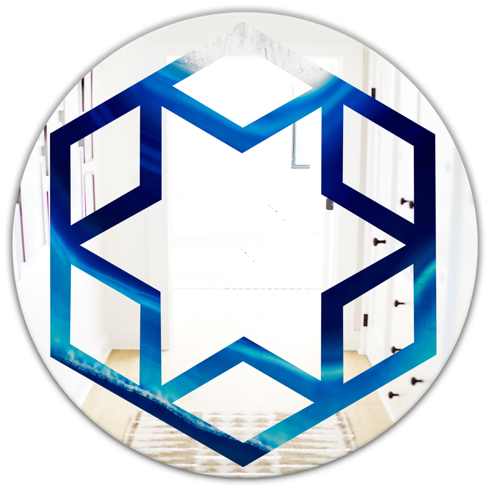 Blue Slice agate crystal - Modern Round or Oval Wall Mirror - Hexagon Star