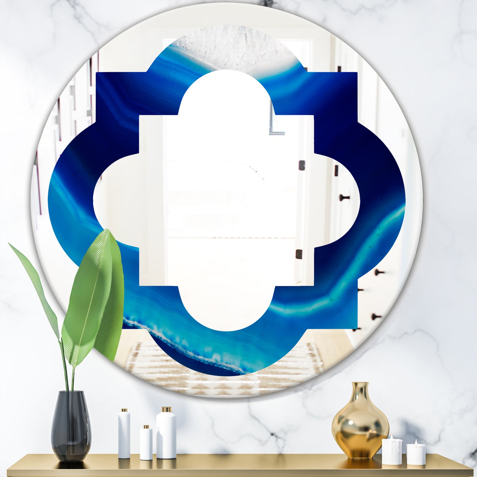 Blue Slice agate crystal - Modern Round or Oval Wall Mirror - Quatrefoil