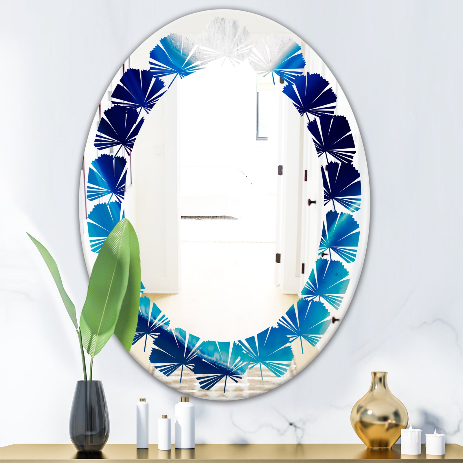Blue Slice agate crystal - Modern Round or Oval Wall Mirror - Leaves