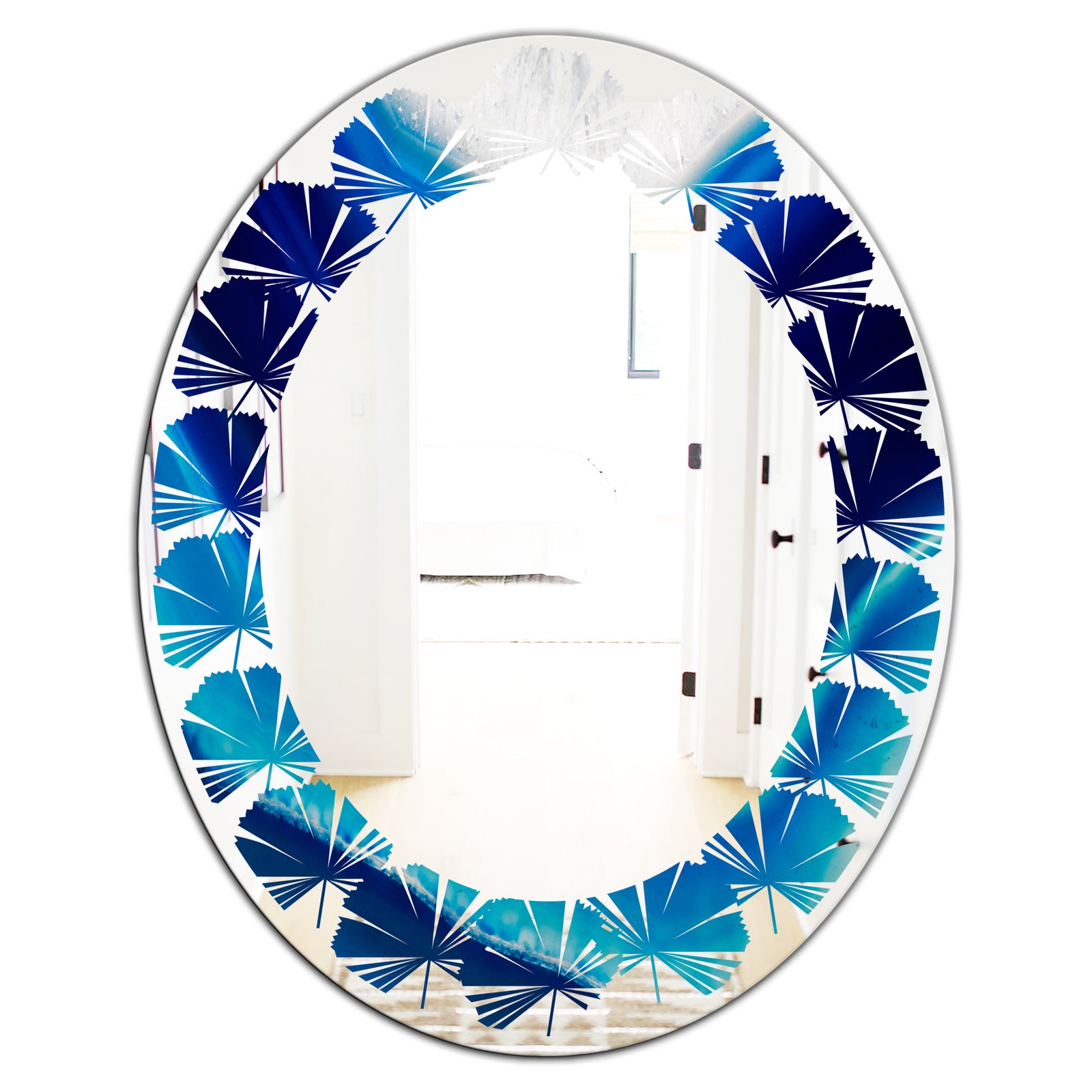 Blue Slice agate crystal - Modern Round or Oval Wall Mirror - Leaves