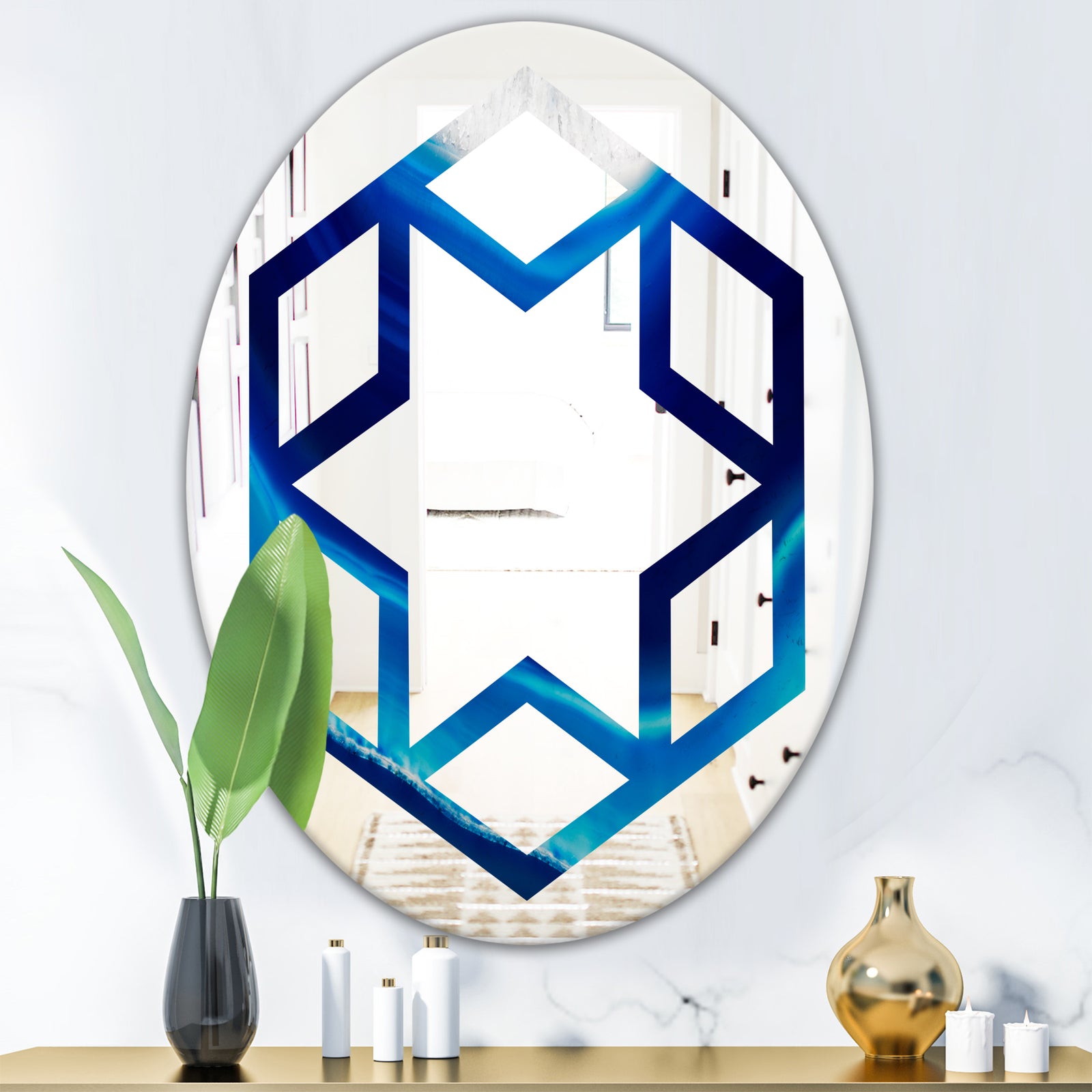 Blue Slice agate crystal - Modern Round or Oval Wall Mirror - Hexagon Star
