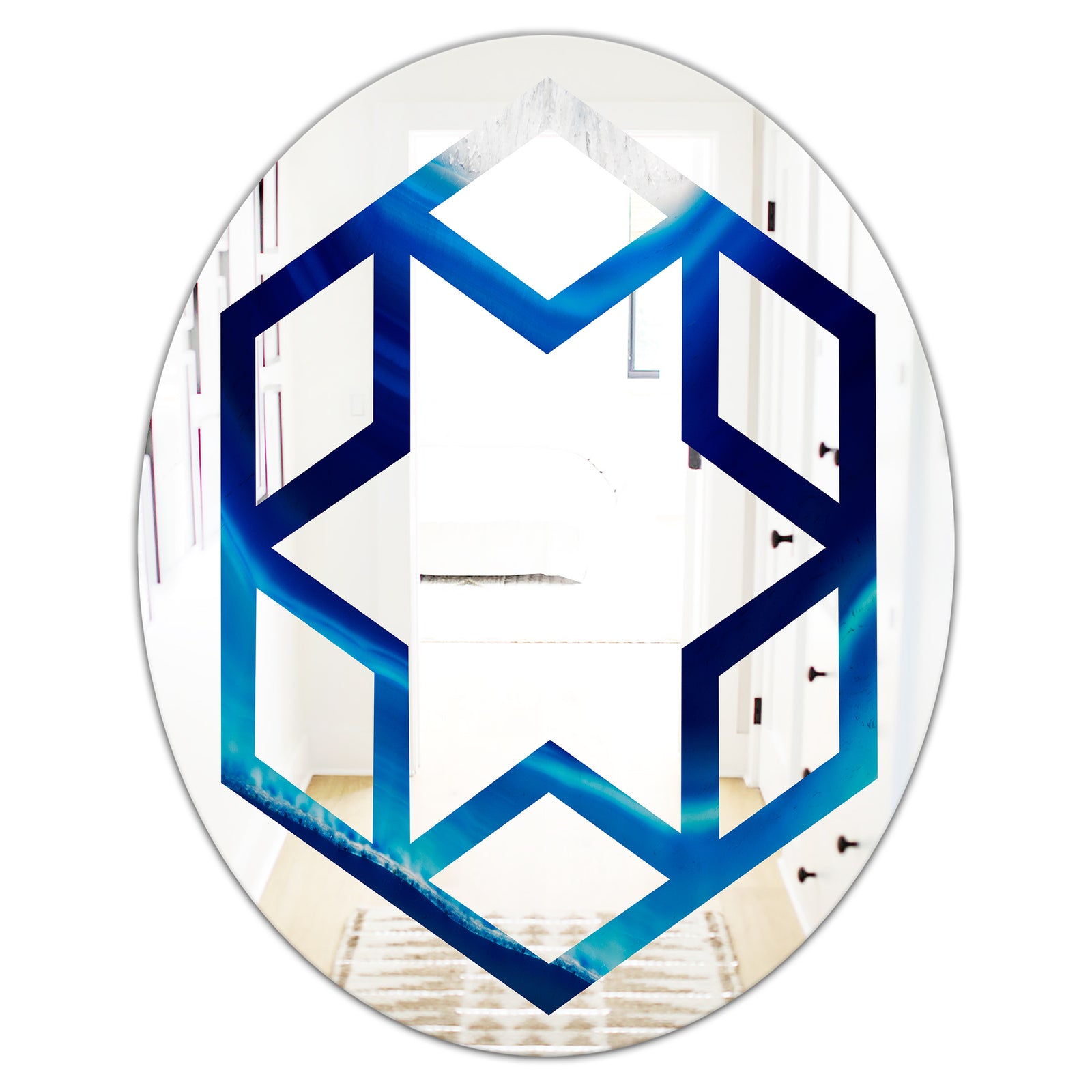 Blue Slice agate crystal - Modern Round or Oval Wall Mirror - Hexagon Star