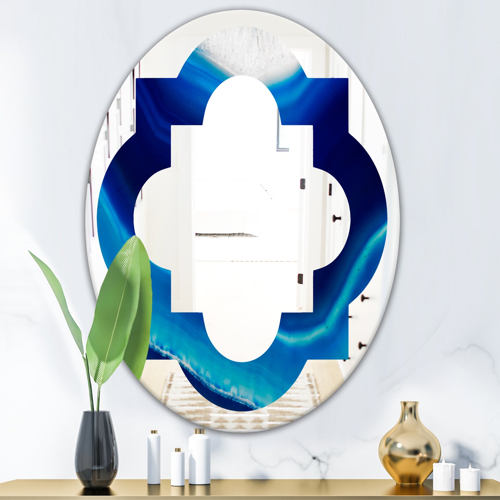Blue Slice agate crystal - Modern Round or Oval Wall Mirror - Quatrefoil