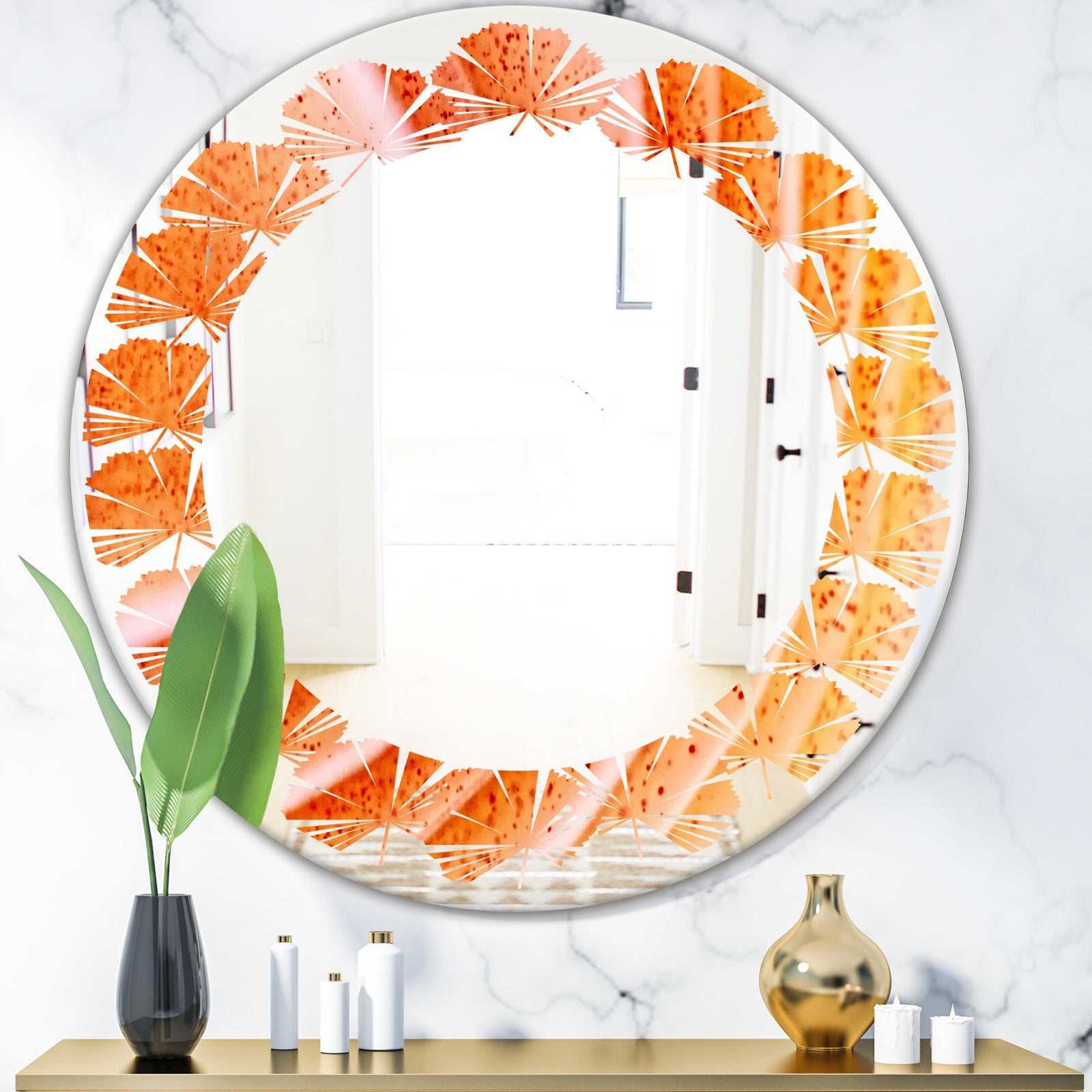 Kazakhstan Red agate macro - Modern Round or Oval Wall Mirror - Leaves