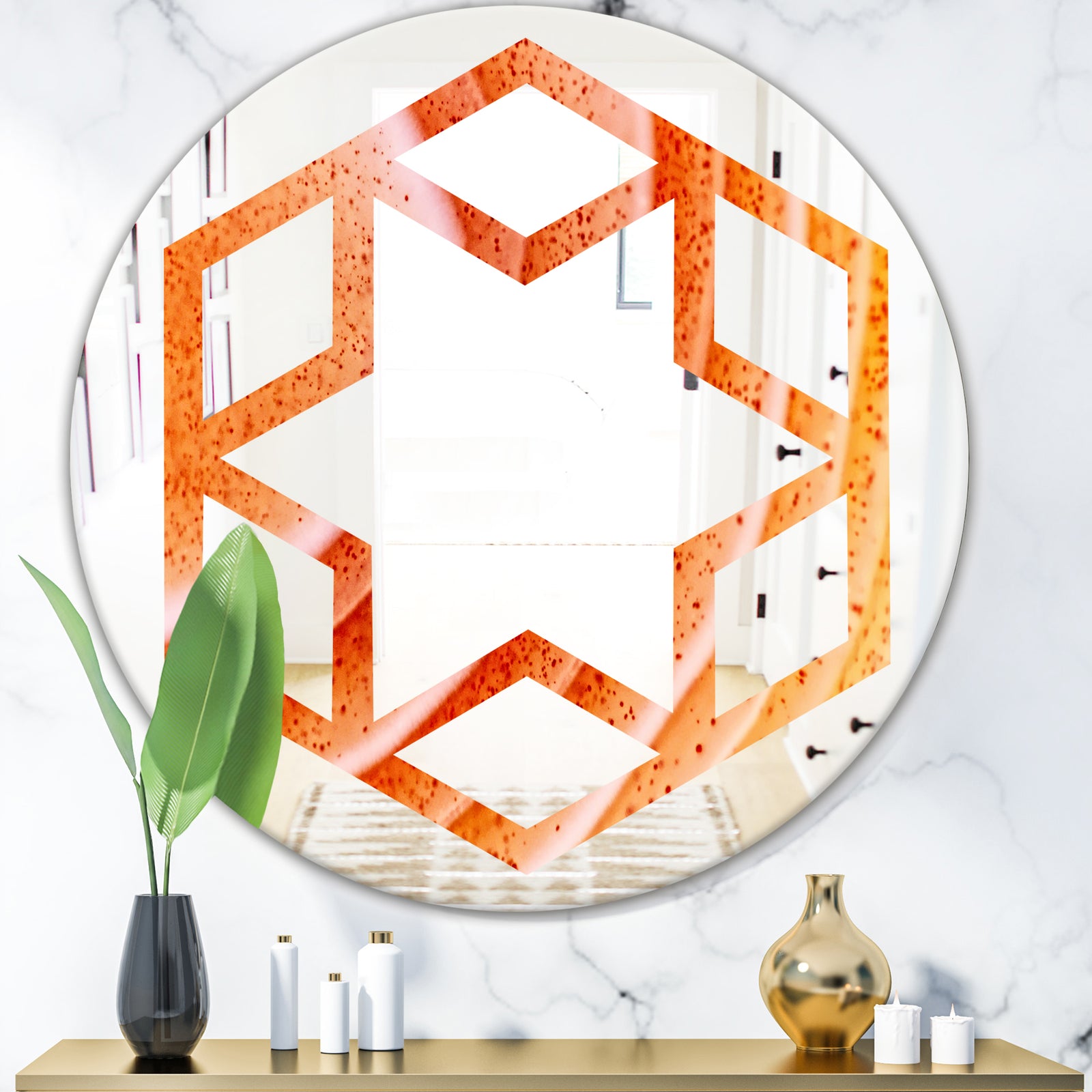 Kazakhstan Red agate macro - Modern Round or Oval Wall Mirror - Hexagon Star