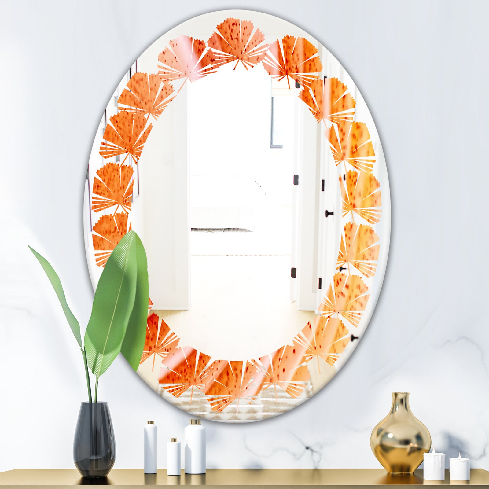 Kazakhstan Red agate macro - Modern Round or Oval Wall Mirror - Leaves