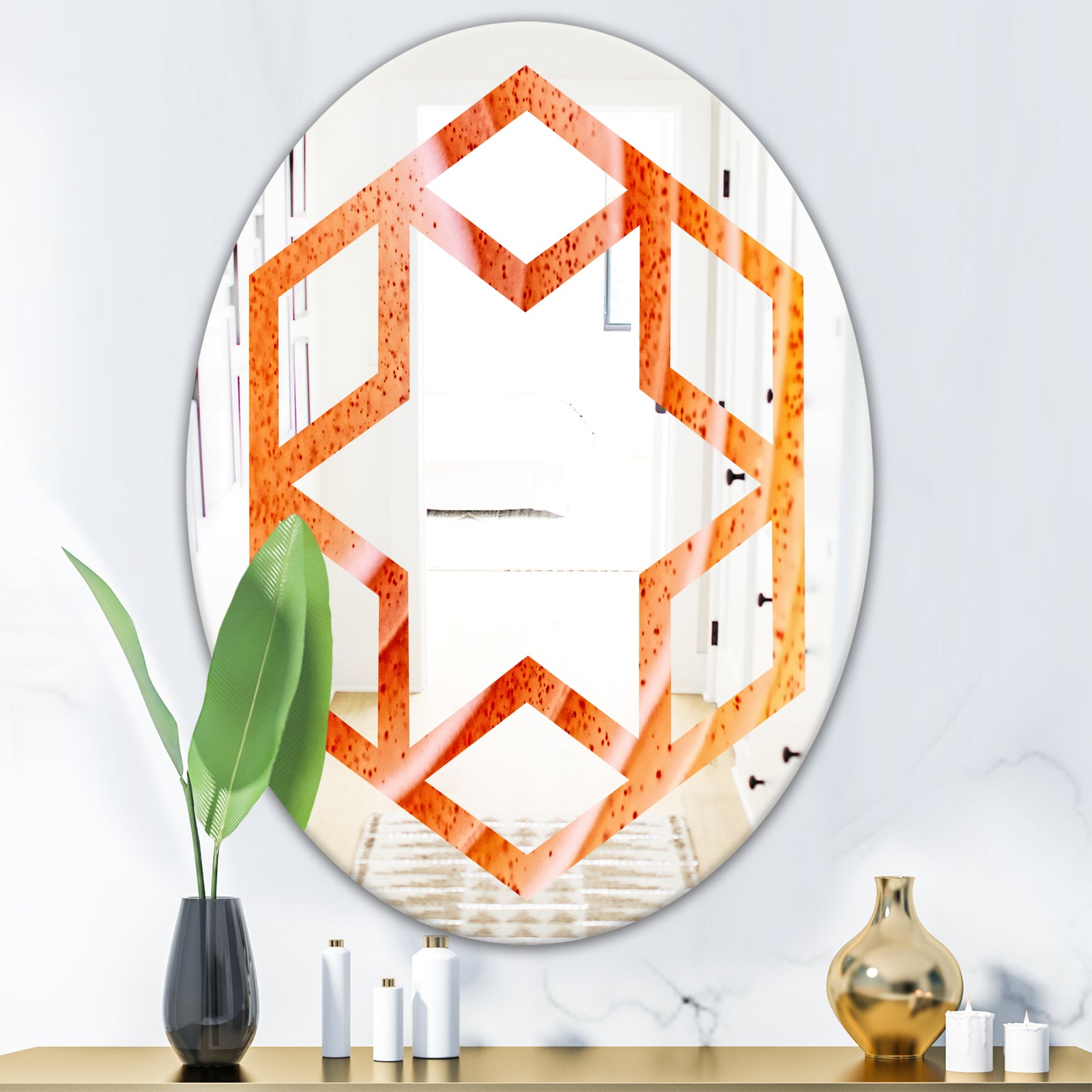Kazakhstan Red agate macro - Modern Round or Oval Wall Mirror - Hexagon Star