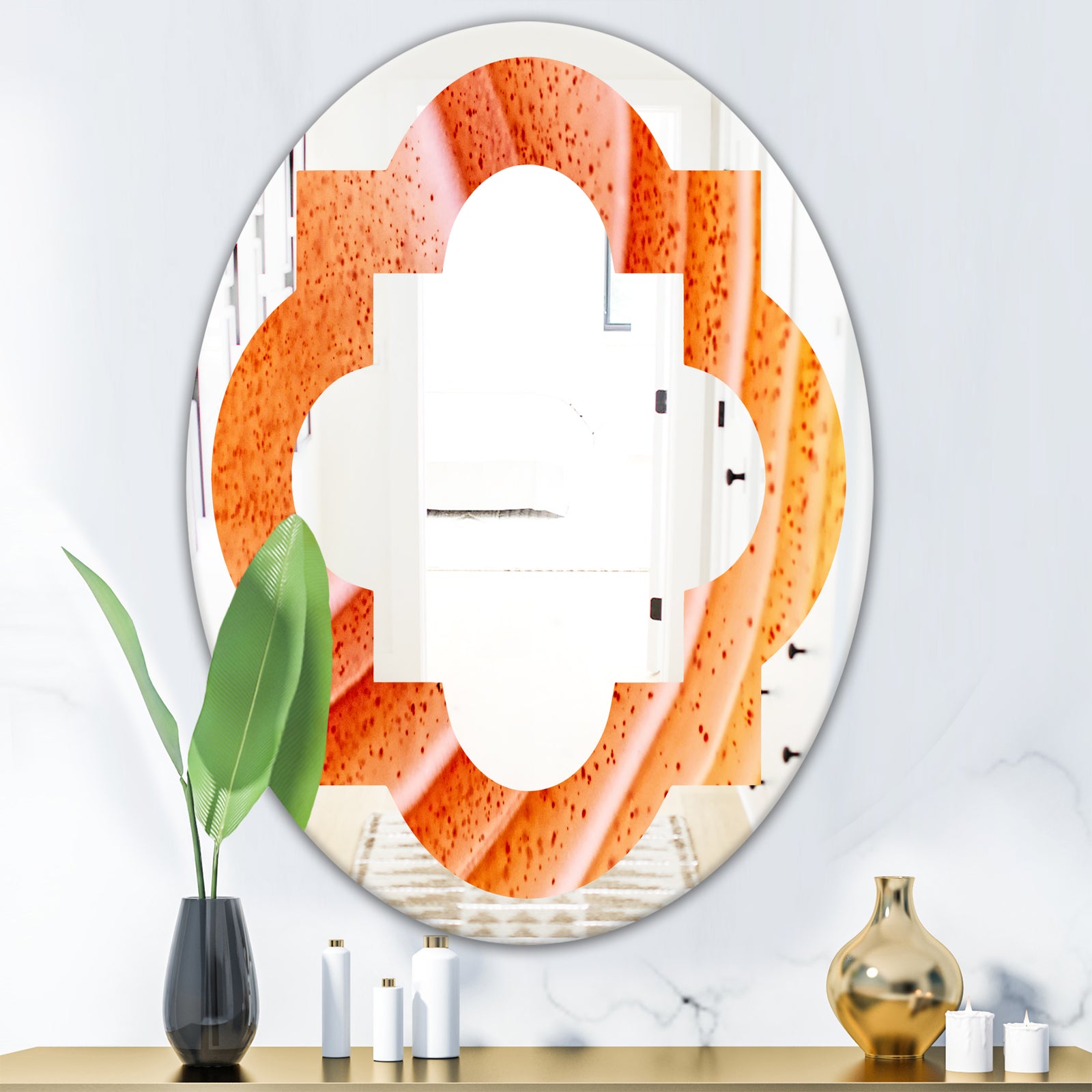 Kazakhstan Red agate macro - Modern Round or Oval Wall Mirror - Quatrefoil