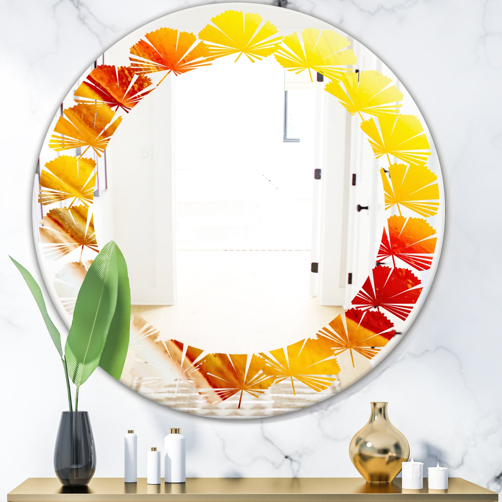 Kazakhstan Brown agate macro - Modern Round or Oval Wall Mirror - Leaves