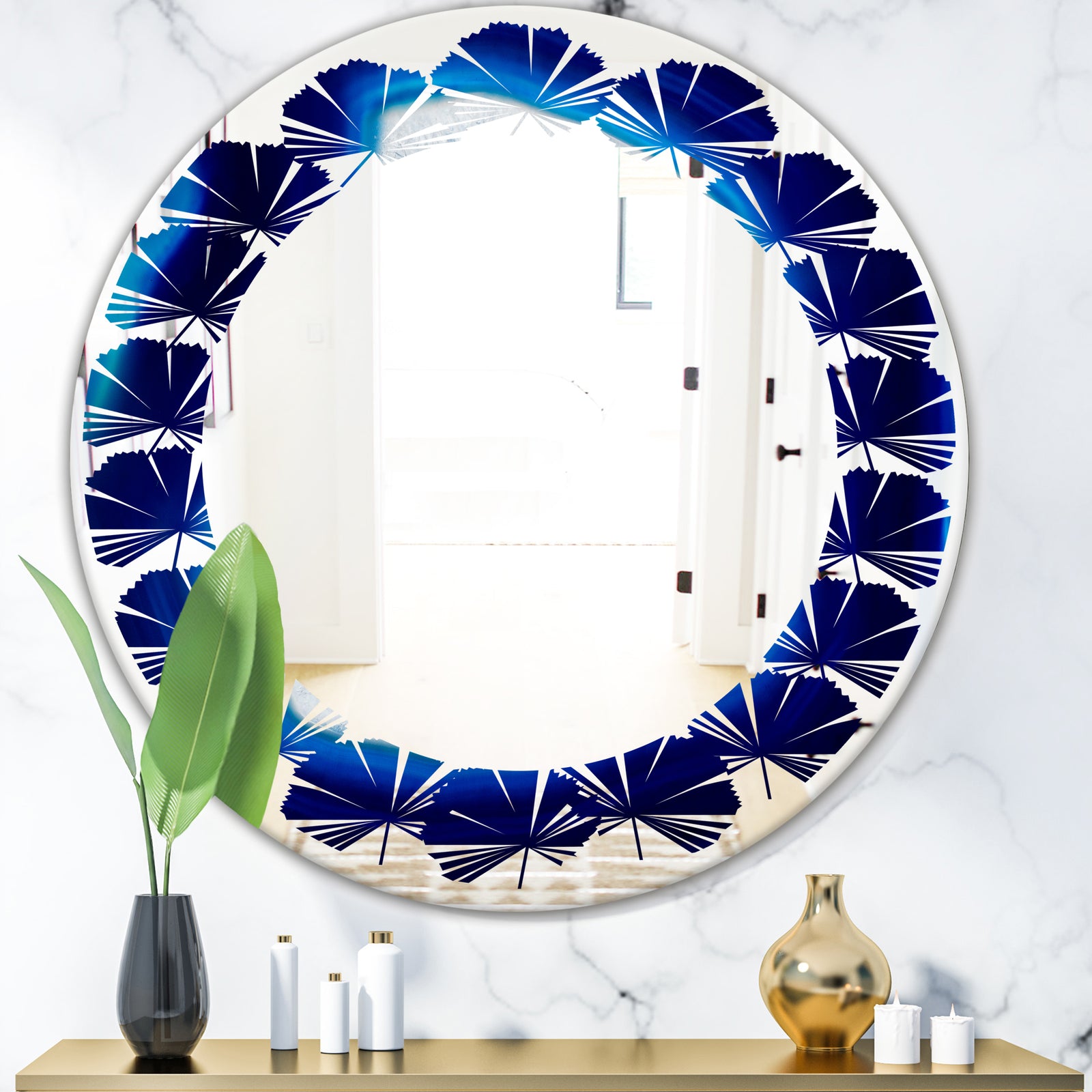 Slice of blue agate crystal - Modern Round or Oval Wall Mirror - Leaves