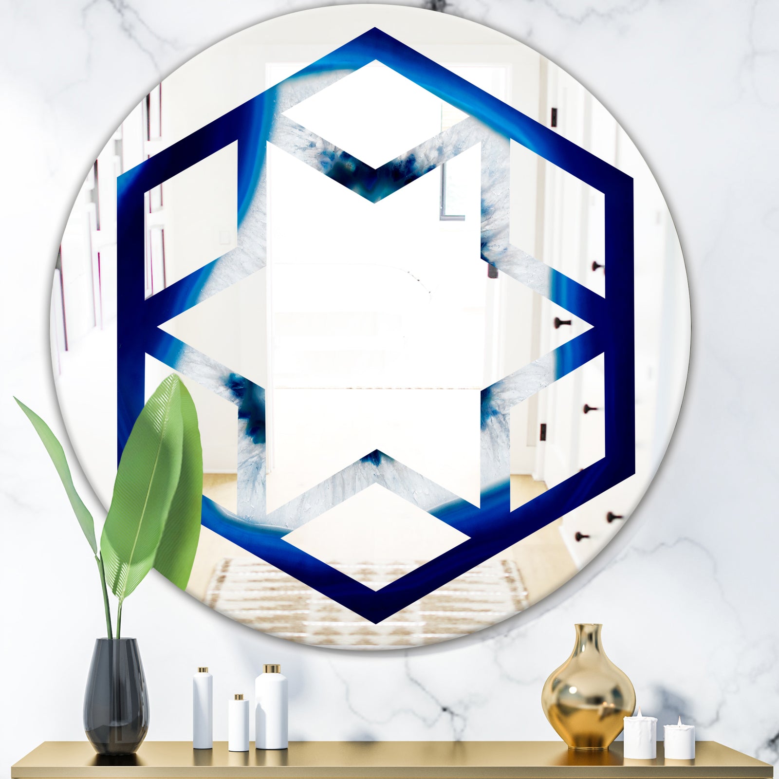 Slice of blue agate crystal - Modern Round or Oval Wall Mirror - Hexagon Star