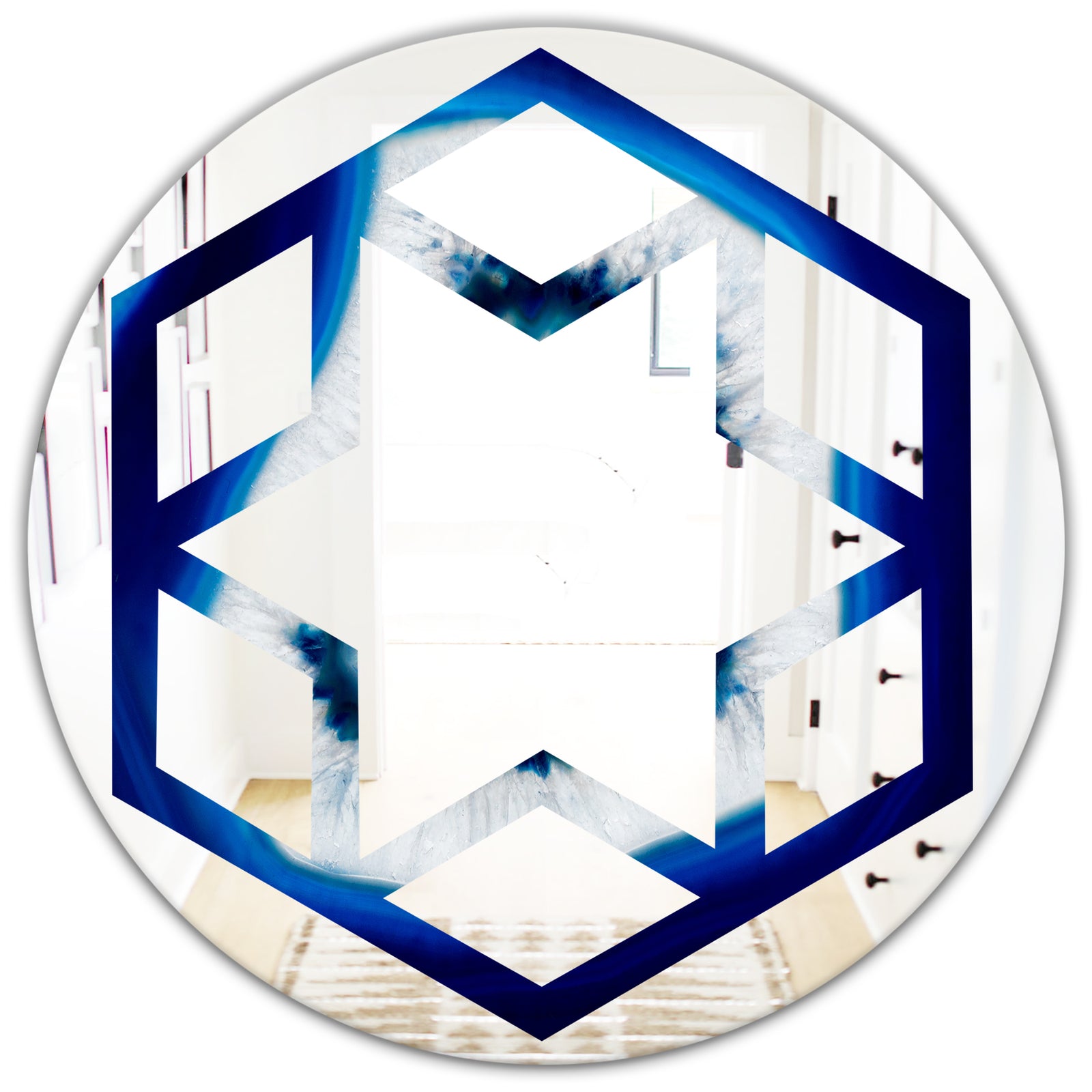 Slice of blue agate crystal - Modern Round or Oval Wall Mirror - Hexagon Star