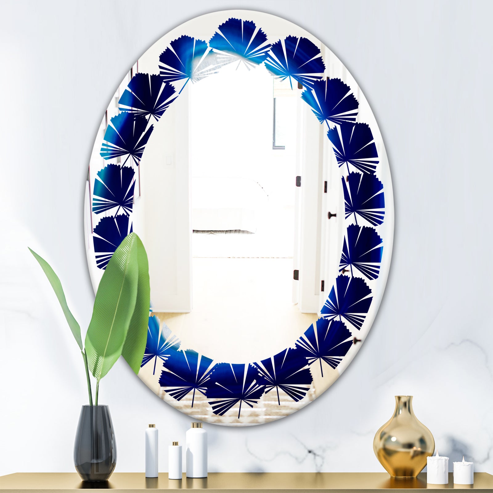 Slice of blue agate crystal - Modern Round or Oval Wall Mirror - Leaves