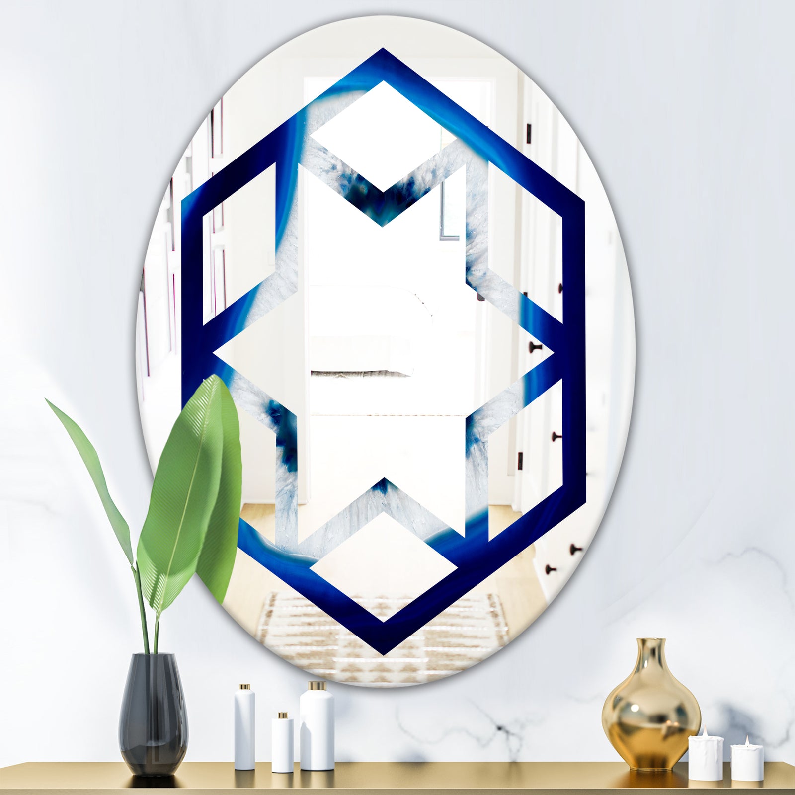 Slice of blue agate crystal - Modern Round or Oval Wall Mirror - Hexagon Star