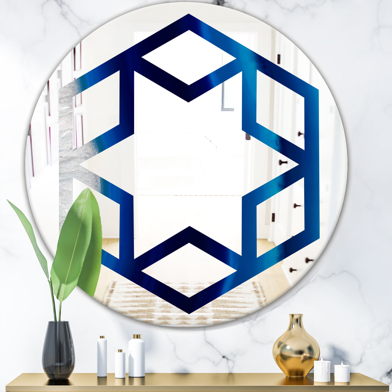 Crystal Stones - Modern Round or Oval Wall Mirror - Hexagon Star