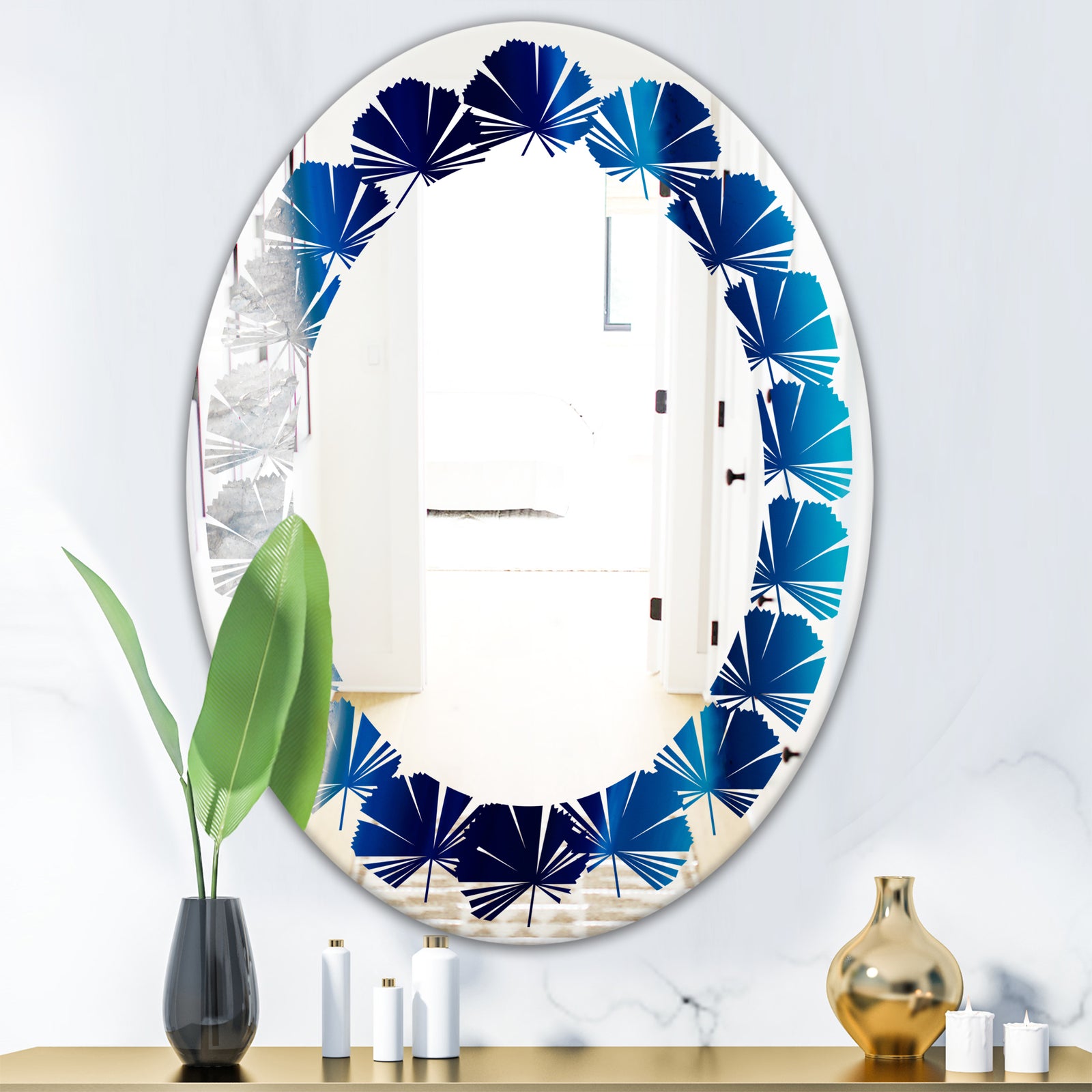 Crystal Stones - Modern Round or Oval Wall Mirror - Leaves