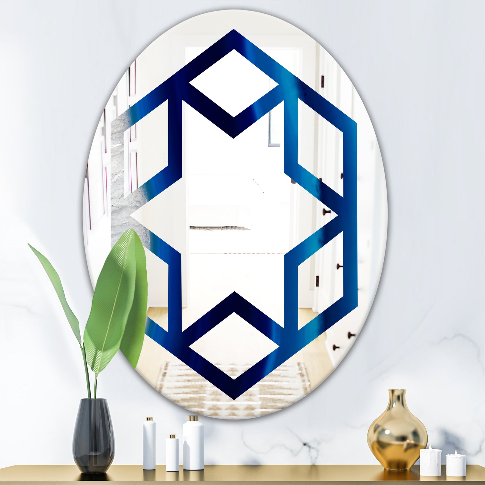 Crystal Stones - Modern Round or Oval Wall Mirror - Hexagon Star