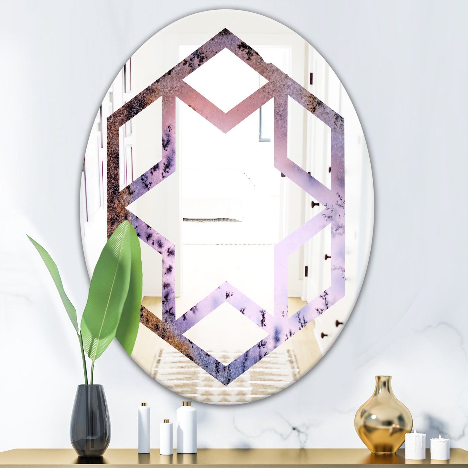 Crystal Dendrite macro - Modern Round or Oval Wall Mirror - Hexagon Star
