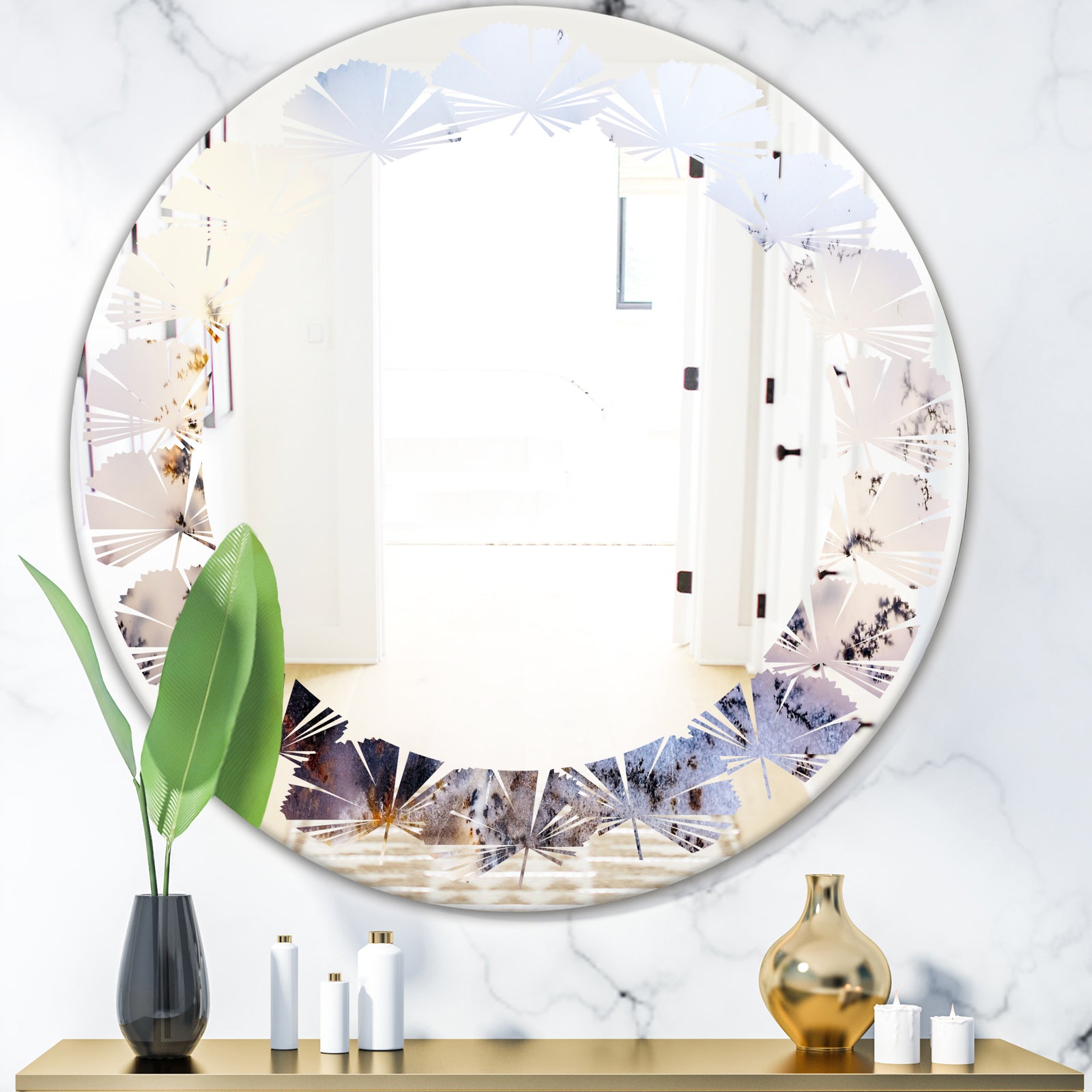 Khazakstan Dendrite crystals macro - Modern Round or Oval Wall Mirror - Leaves