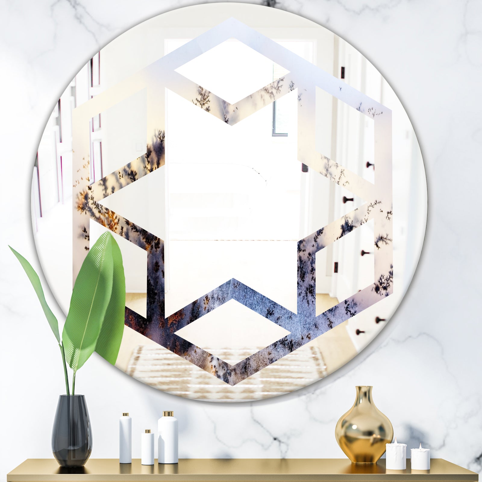 Khazakstan Dendrite crystals macro - Modern Round or Oval Wall Mirror - Hexagon Star