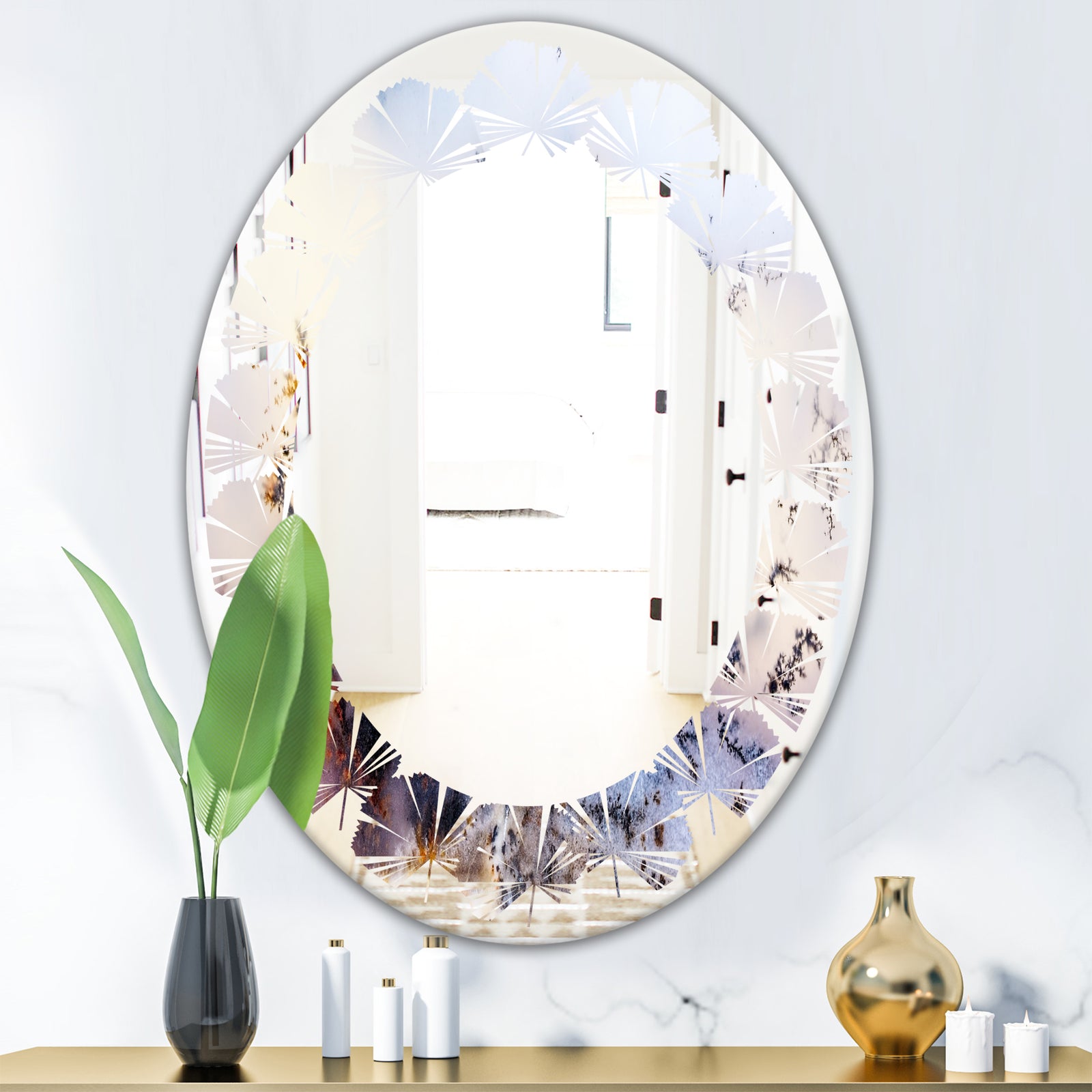 Khazakstan Dendrite crystals macro - Modern Round or Oval Wall Mirror - Leaves