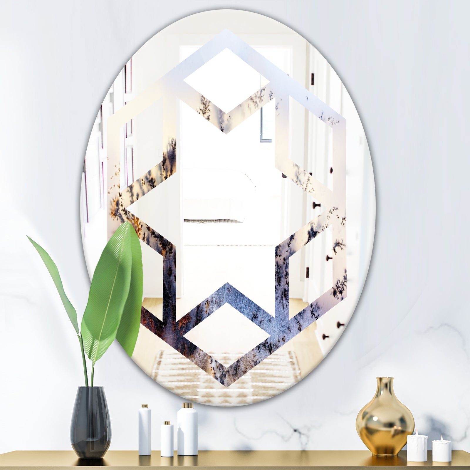 Khazakstan Dendrite crystals macro - Modern Round or Oval Wall Mirror - Hexagon Star