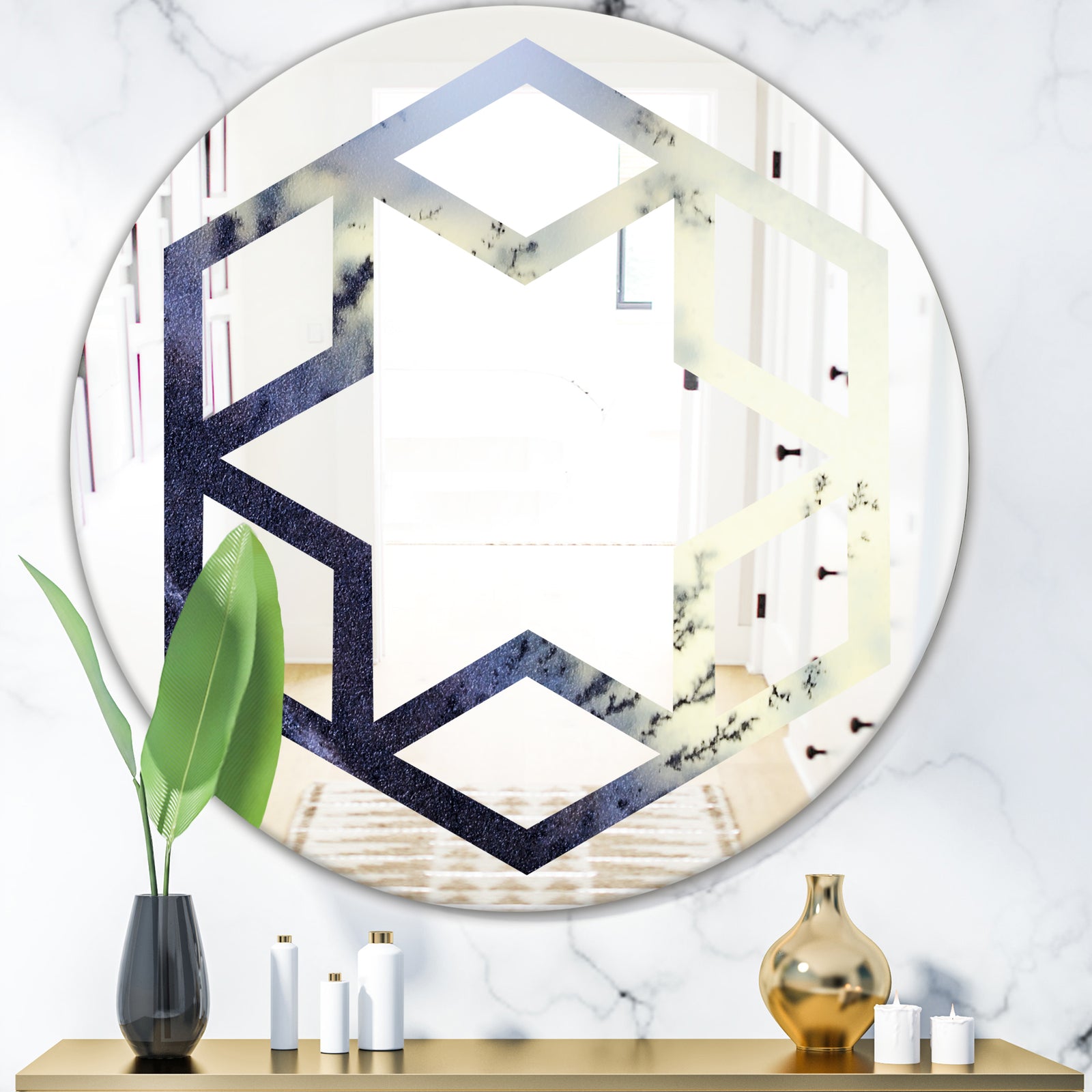 Moss Agate bush - Modern Round or Oval Wall Mirror - Hexagon Star