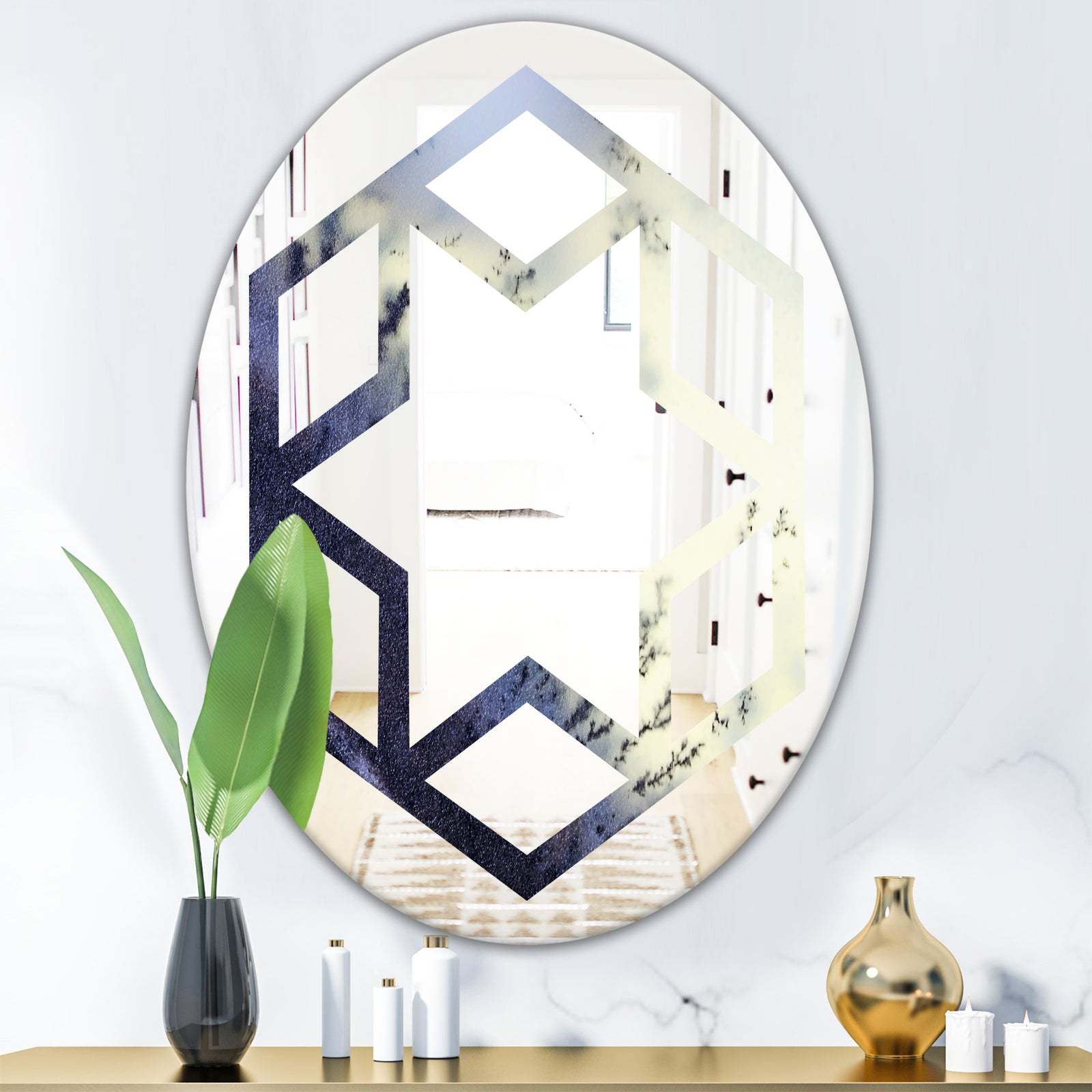 Moss Agate bush - Modern Round or Oval Wall Mirror - Hexagon Star