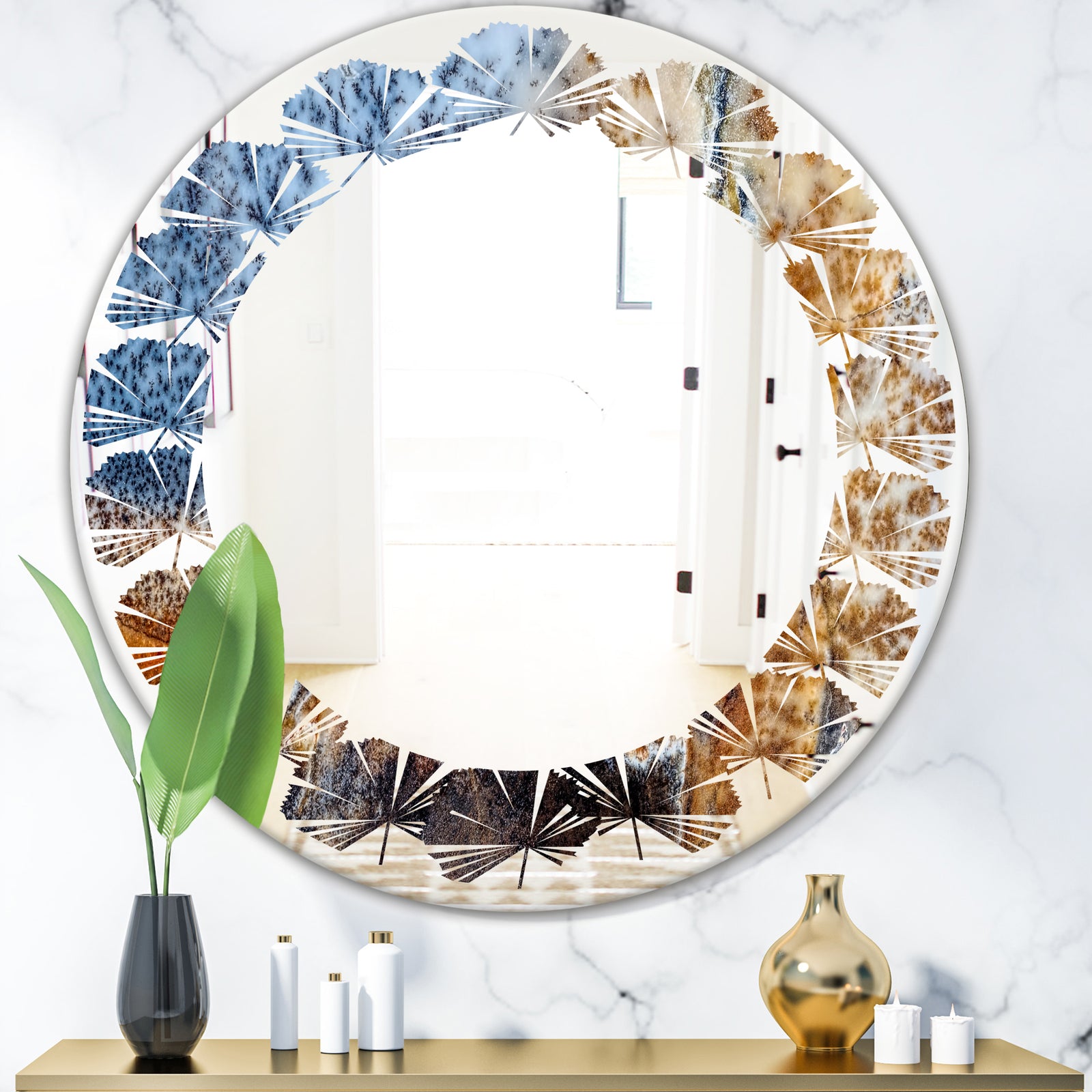 China Moss Agate - Modern Round or Oval Wall Mirror - Leaves