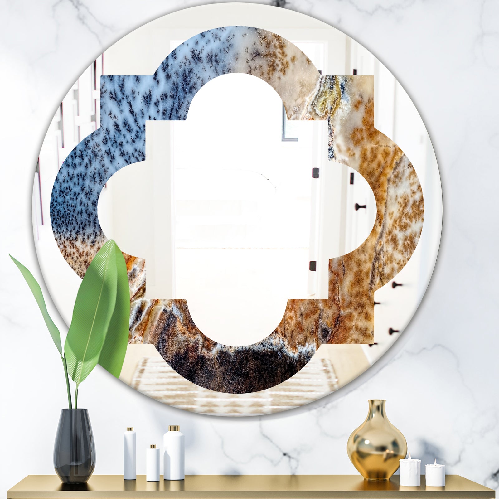 China Moss Agate - Modern Round or Oval Wall Mirror - Quatrefoil