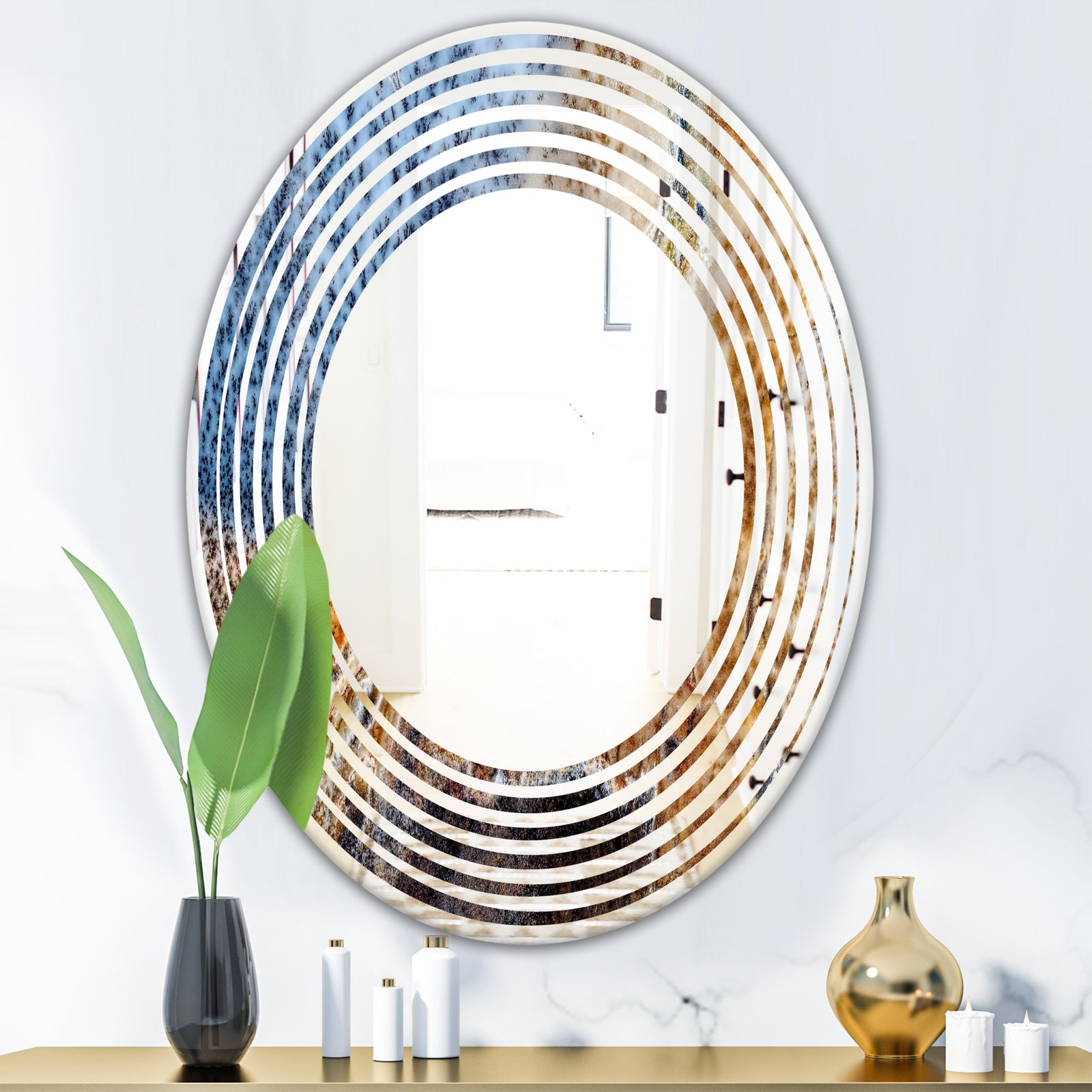 China Moss Agate - Modern Round or Oval Wall Mirror - Wave