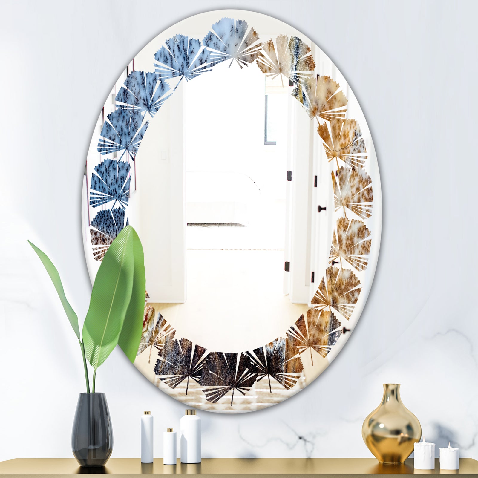 China Moss Agate - Modern Round or Oval Wall Mirror - Leaves