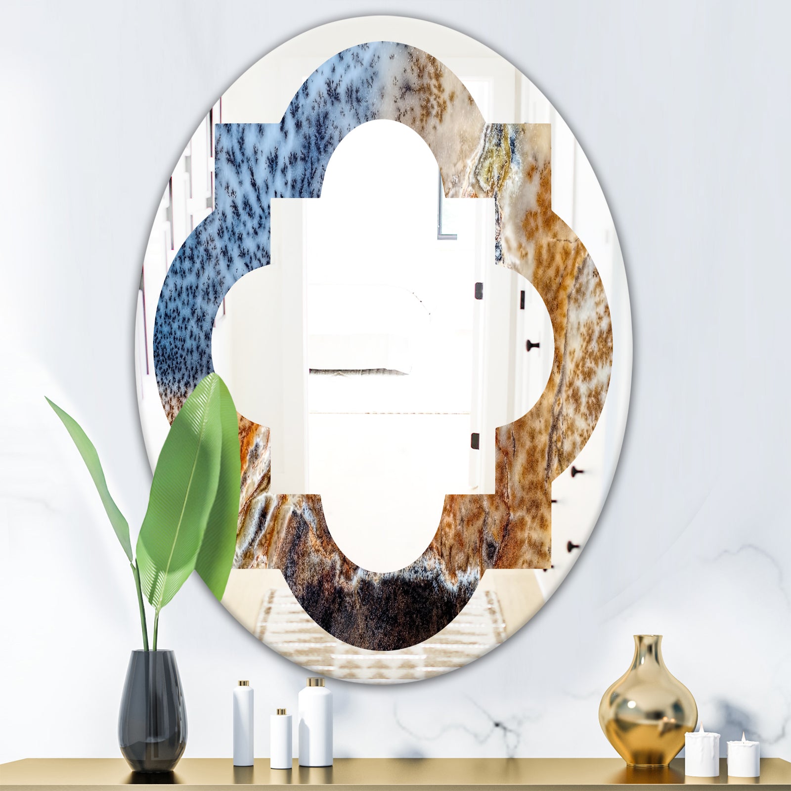 China Moss Agate - Modern Round or Oval Wall Mirror - Quatrefoil