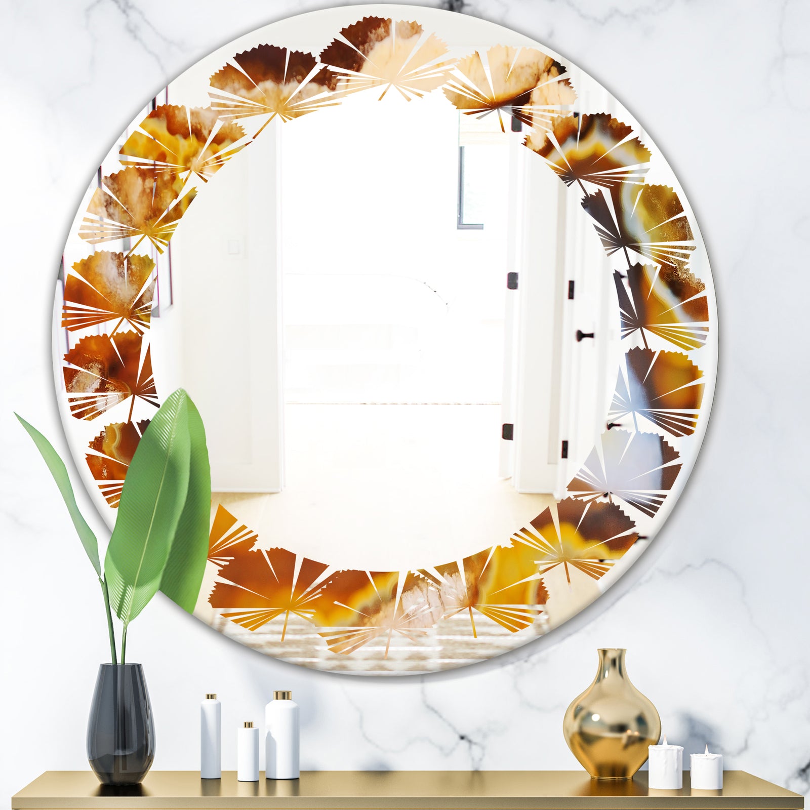 Natural brown agate - Modern Round or Oval Wall Mirror - Leaves