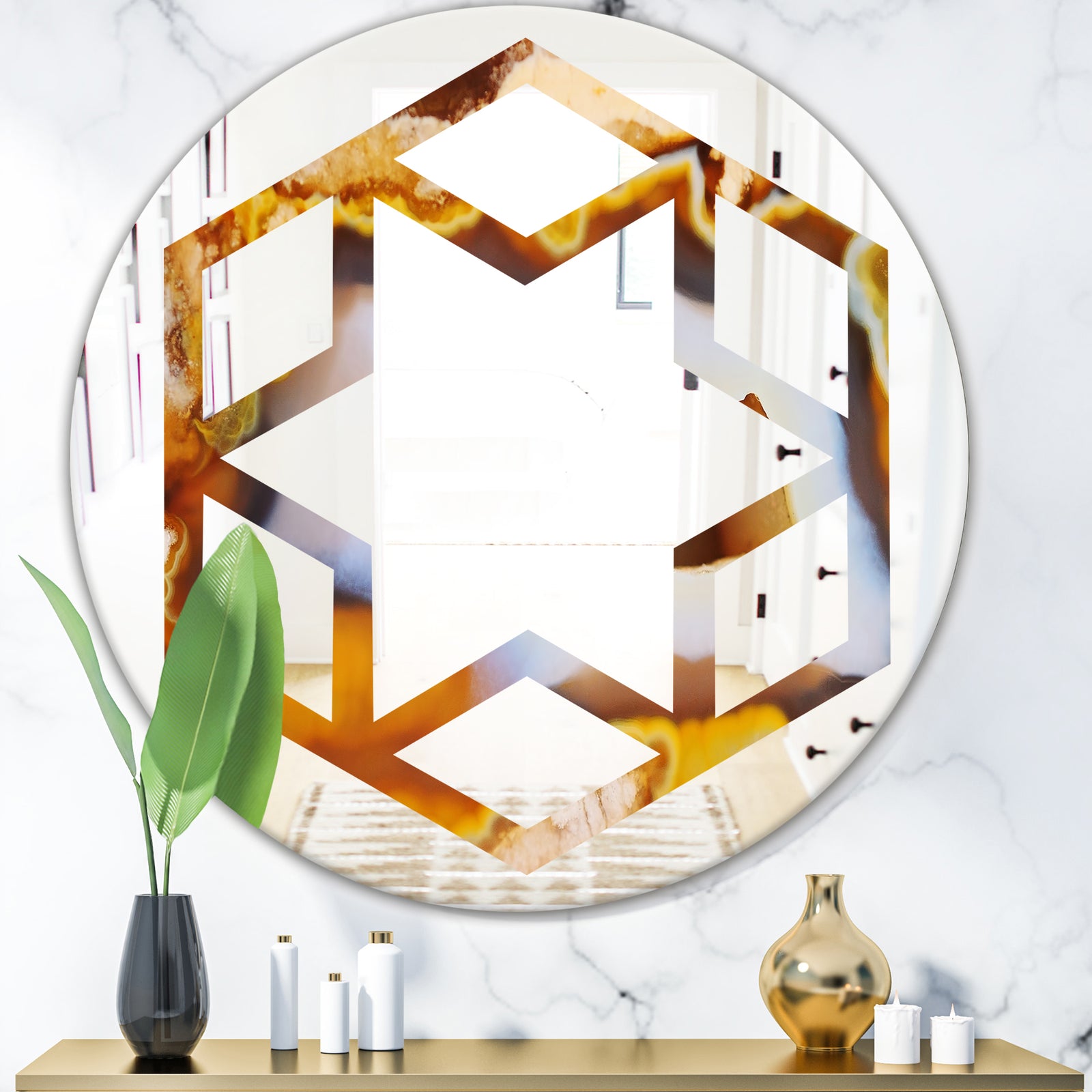 Natural brown agate - Modern Round or Oval Wall Mirror - Hexagon Star