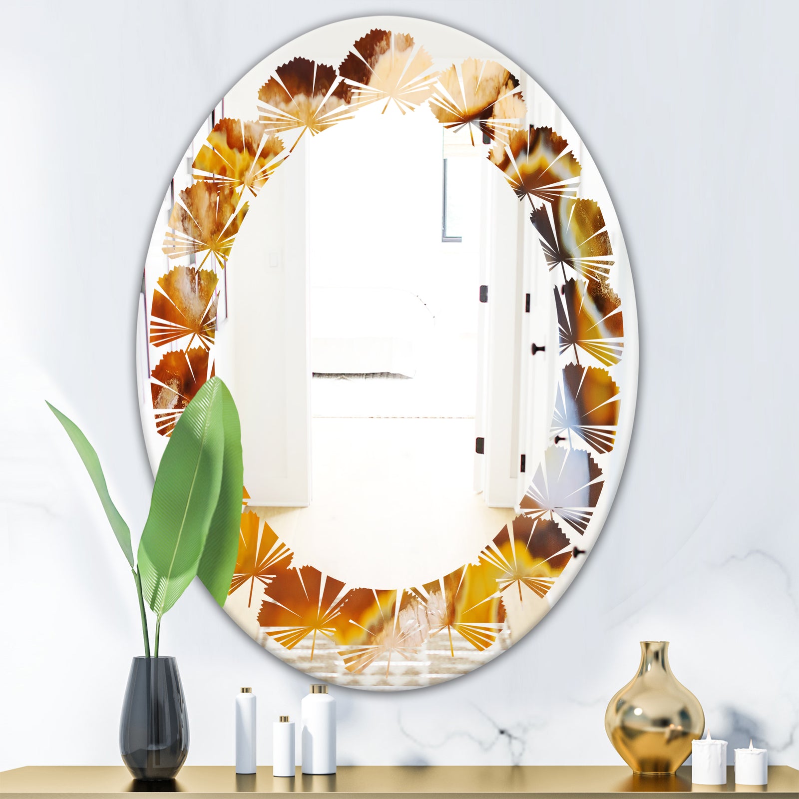 Natural brown agate - Modern Round or Oval Wall Mirror - Leaves