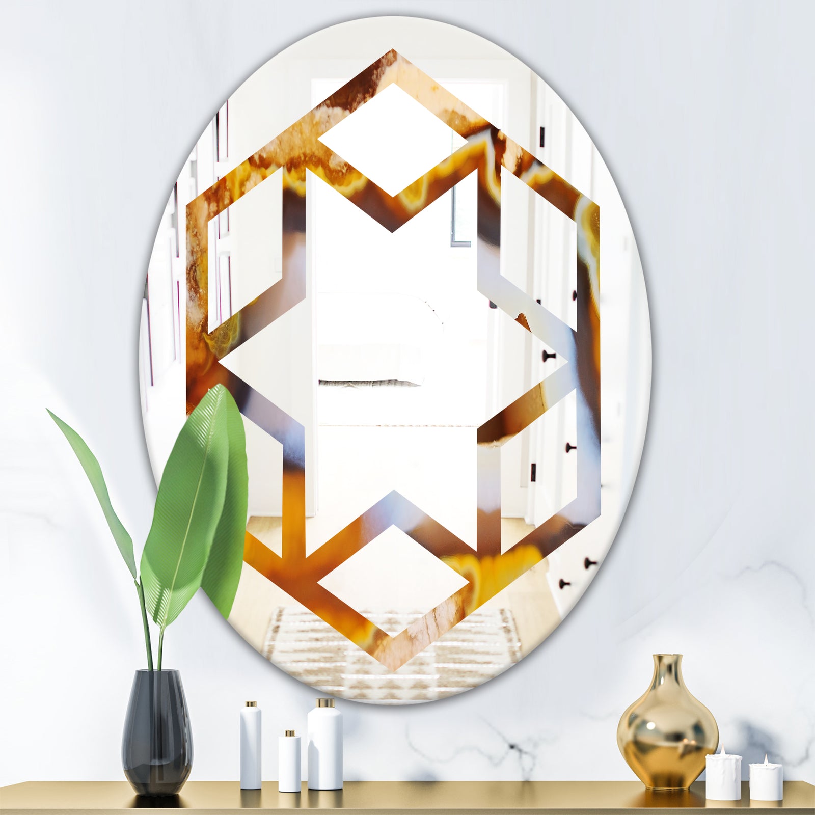 Natural brown agate - Modern Round or Oval Wall Mirror - Hexagon Star