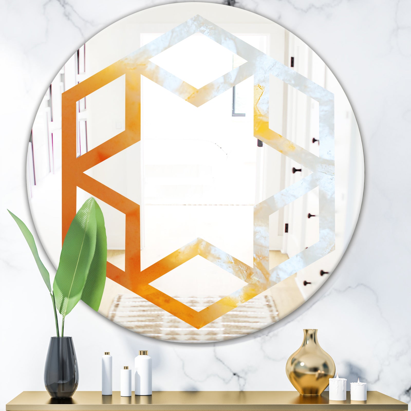 True Yellow Stone - Modern Round or Oval Wall Mirror - Hexagon Star