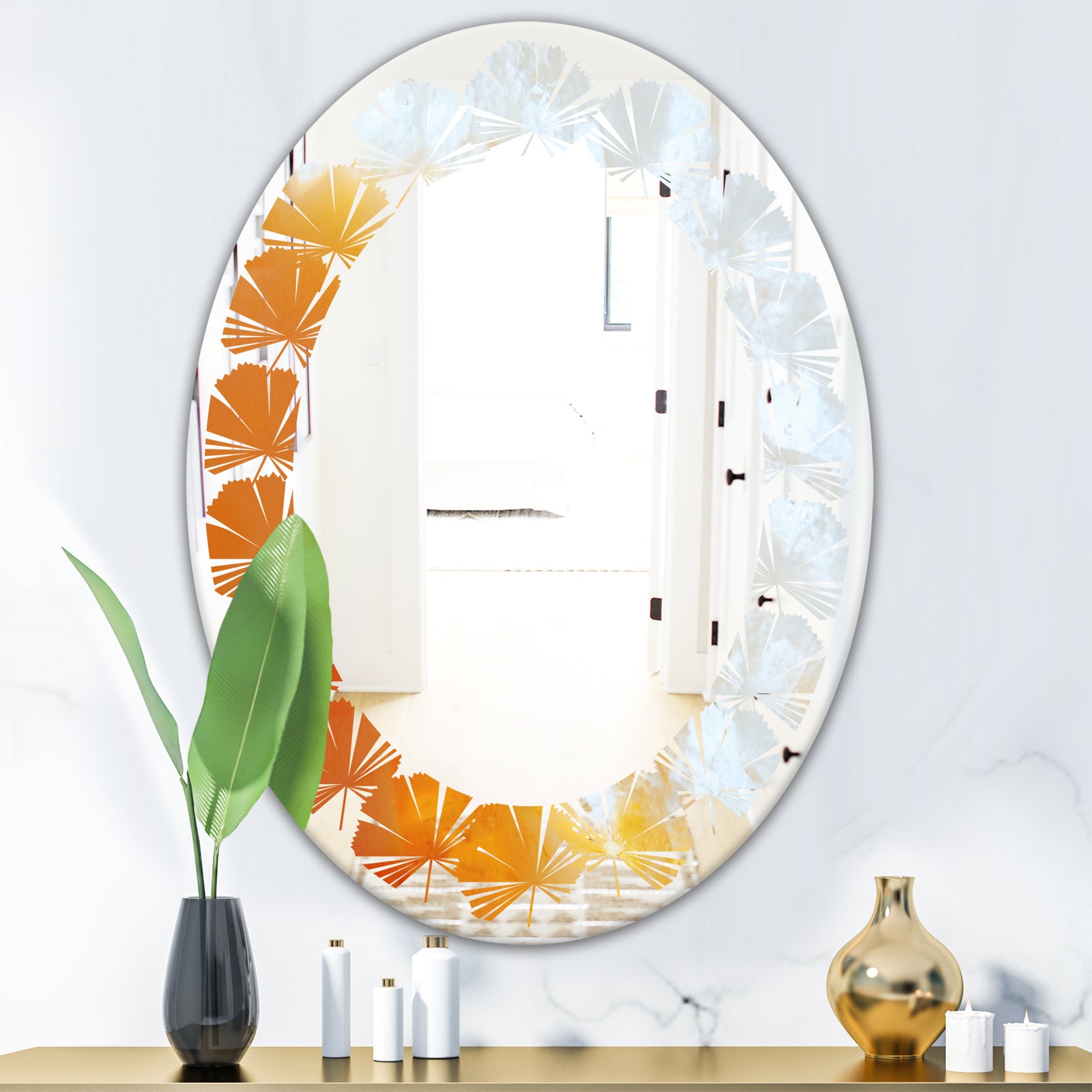 True Yellow Stone - Modern Round or Oval Wall Mirror - Leaves