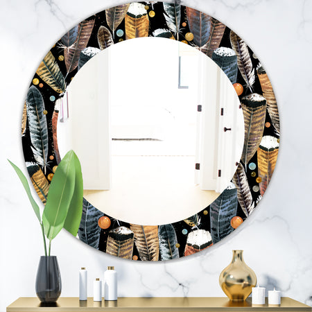 Feathers 1 - Bohemian and Eclectic Mirror - Frameless Oval or Round Wall Mirror